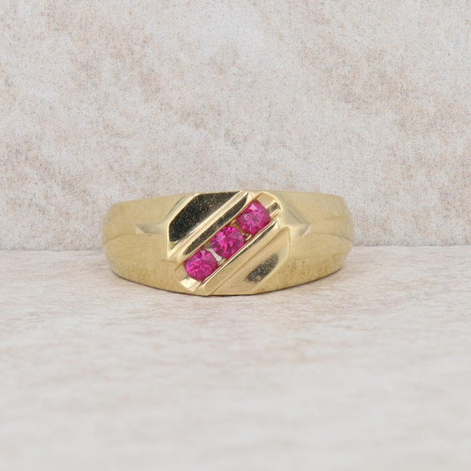 14k Yellow Gold Men's Three Stone Ruby Ring