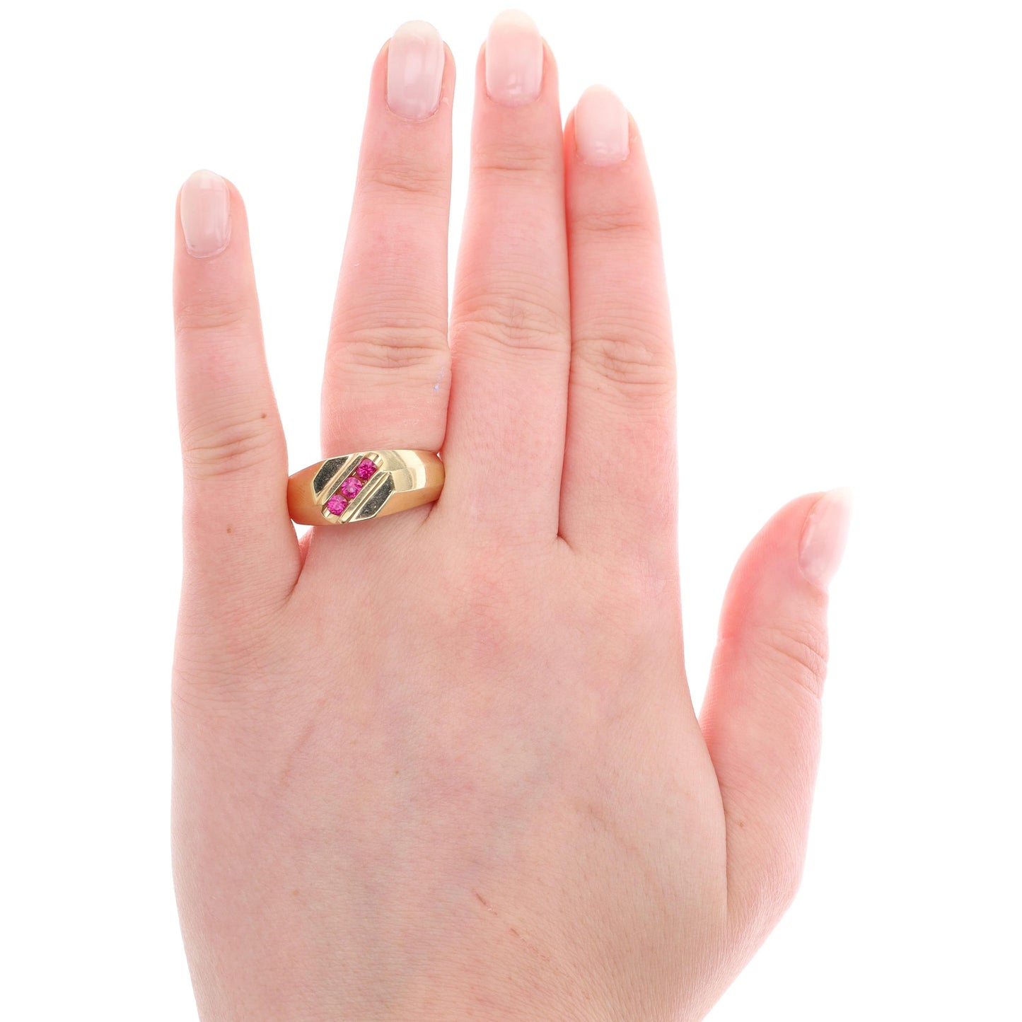 14k Yellow Gold Men's Three Stone Ruby Ring