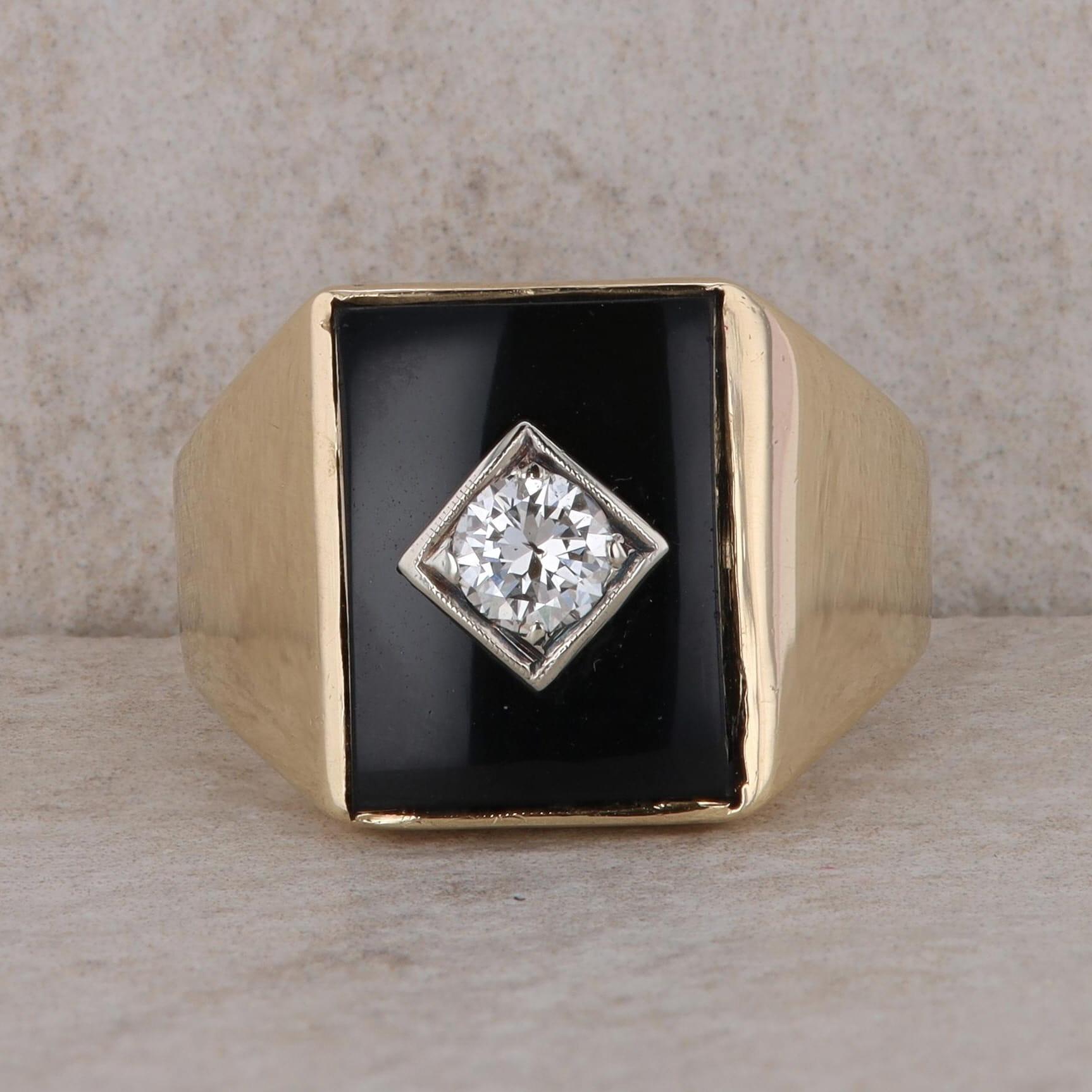 14k Yellow Gold Rectangular Onyx and Diamond Ring