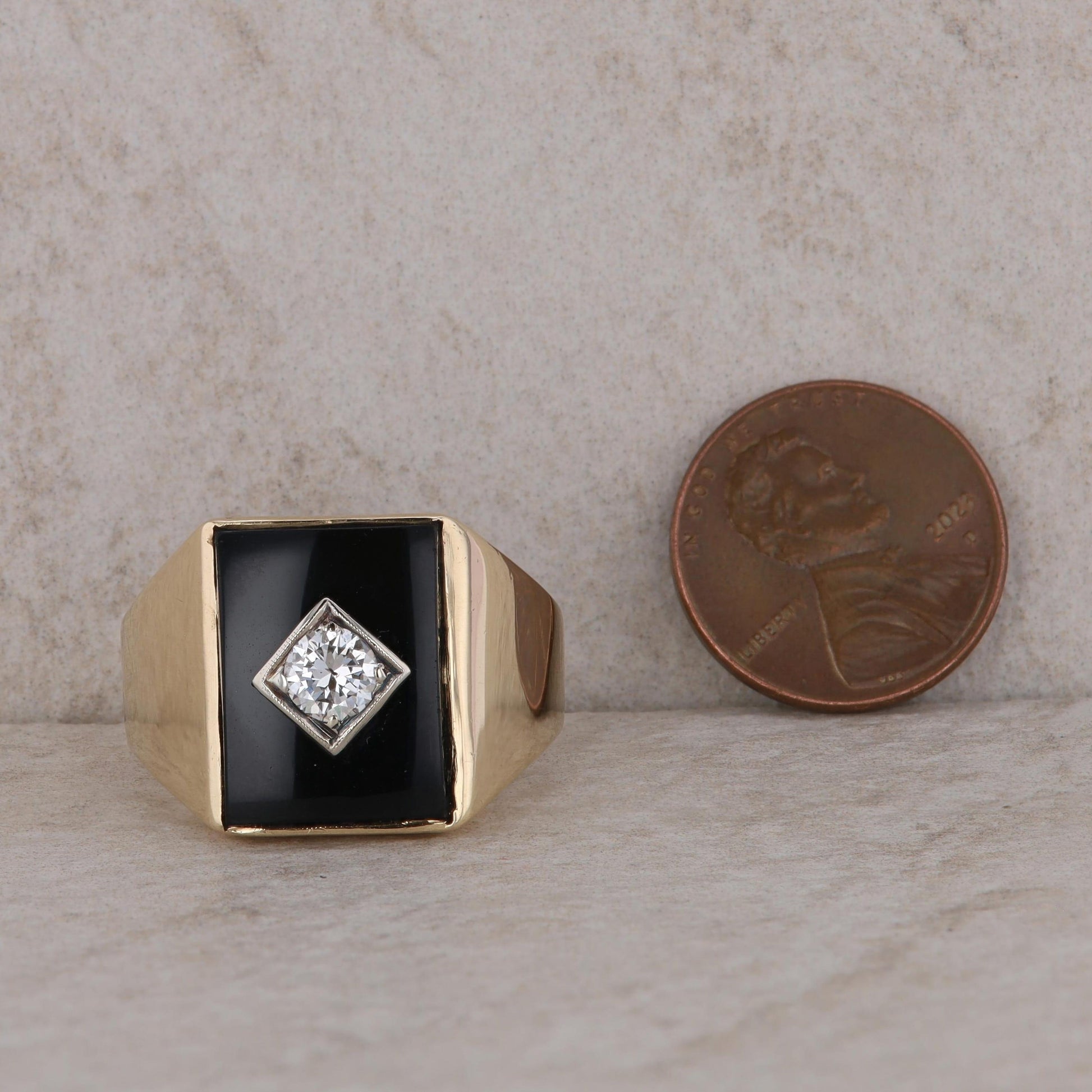 14k Yellow Gold Rectangular Onyx and Diamond Ring