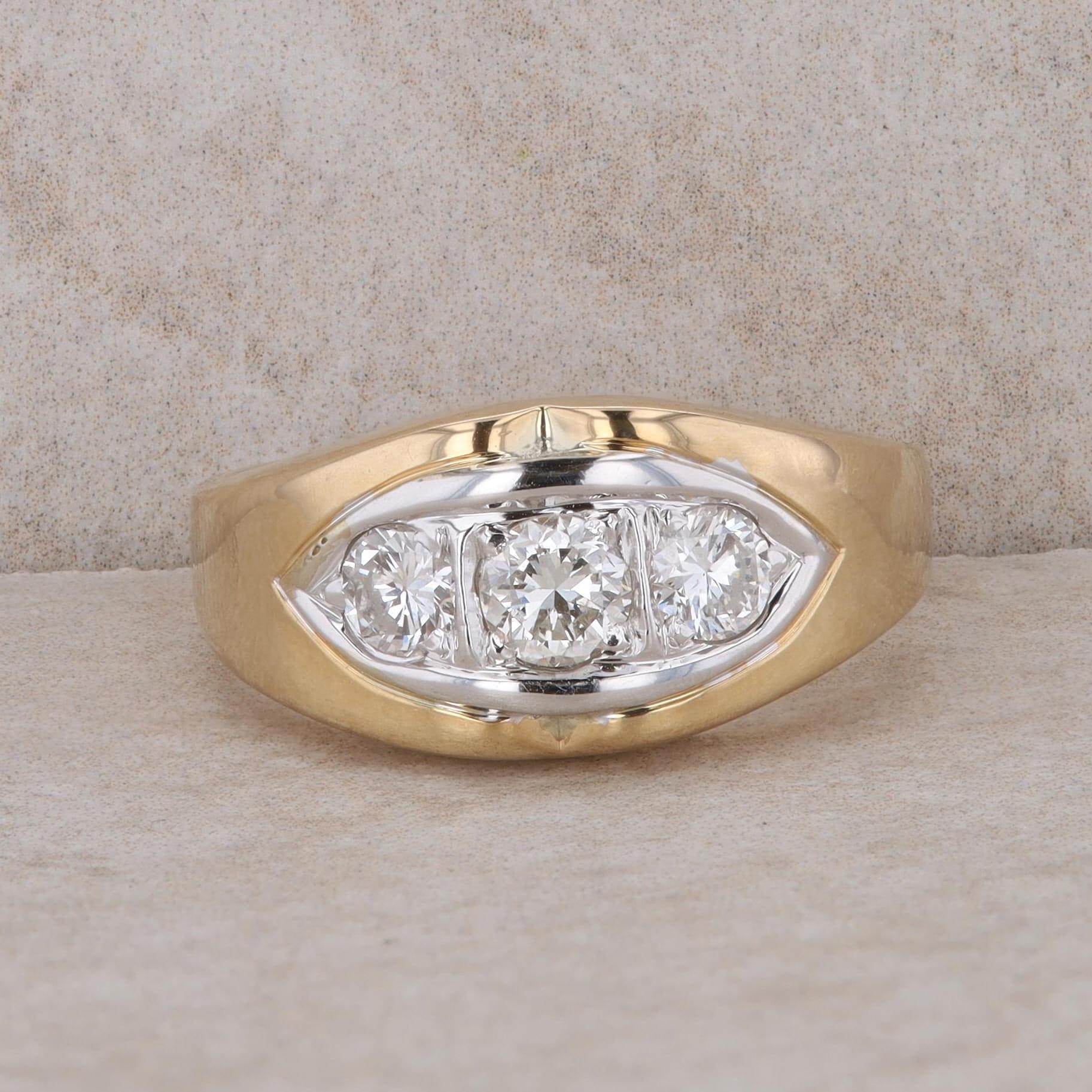 14k Yellow and White Gold 3 Diamond Men's Ring