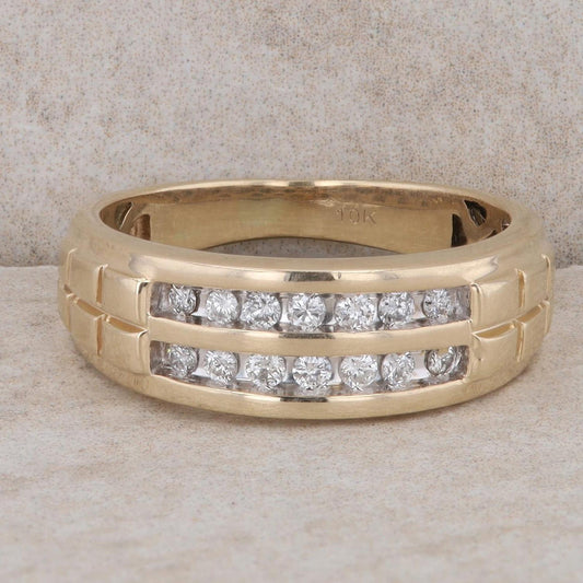 10k Yellow Gold Diamond Double Row Brick Style Men's Ring