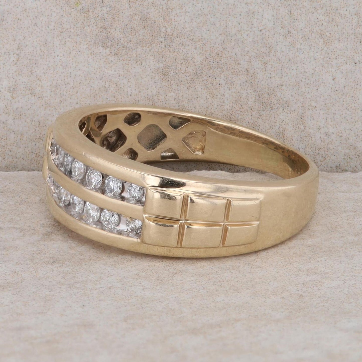 10k Yellow Gold Diamond Double Row Brick Style Men's Ring