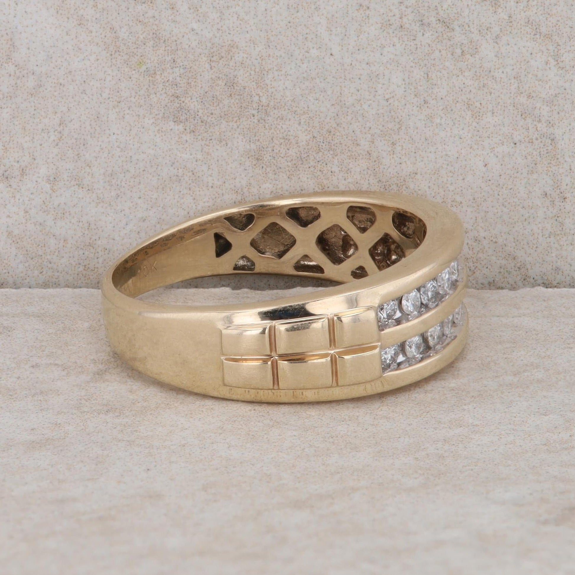 10k Yellow Gold Diamond Double Row Brick Style Men's Ring