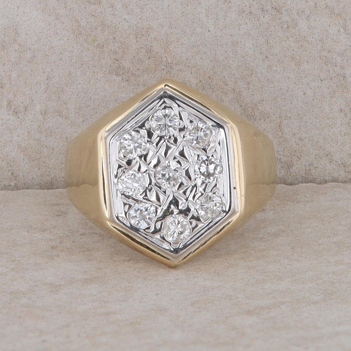 14k Yellow Gold Two-Tone Hexagon Diamond Men's Ring