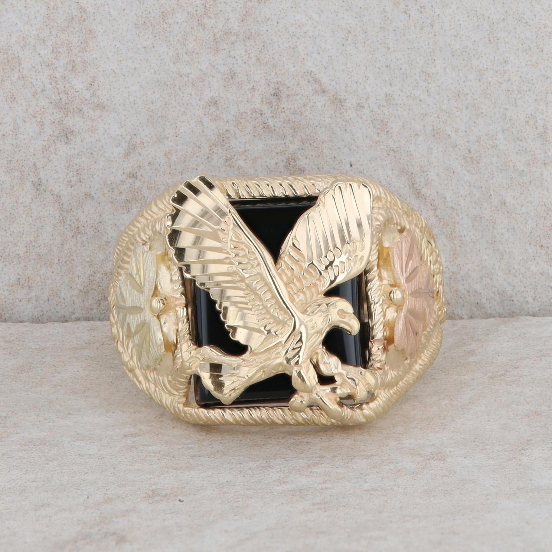 10k Yellow and Rose Gold Bird/Leaf with Onyx Men's Ring