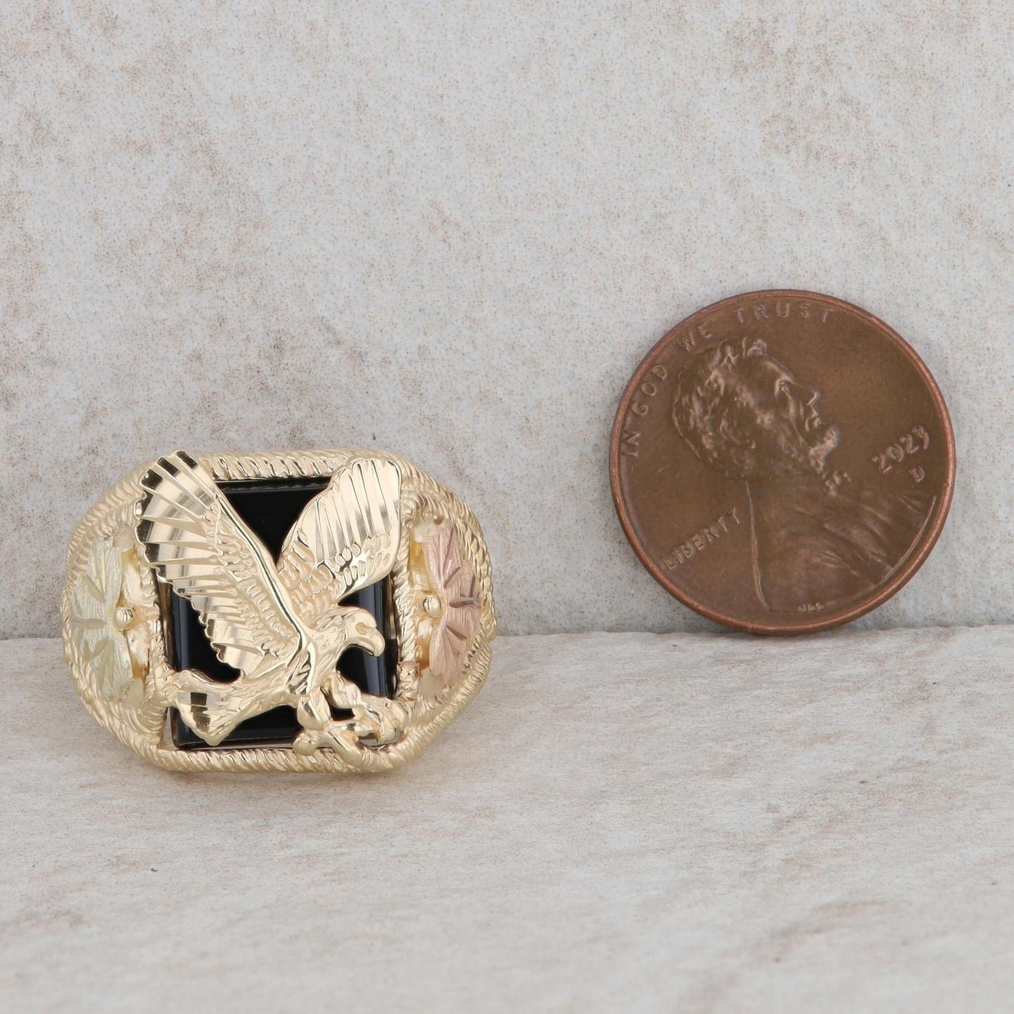 10k Yellow and Rose Gold Bird/Leaf with Onyx Men's Ring