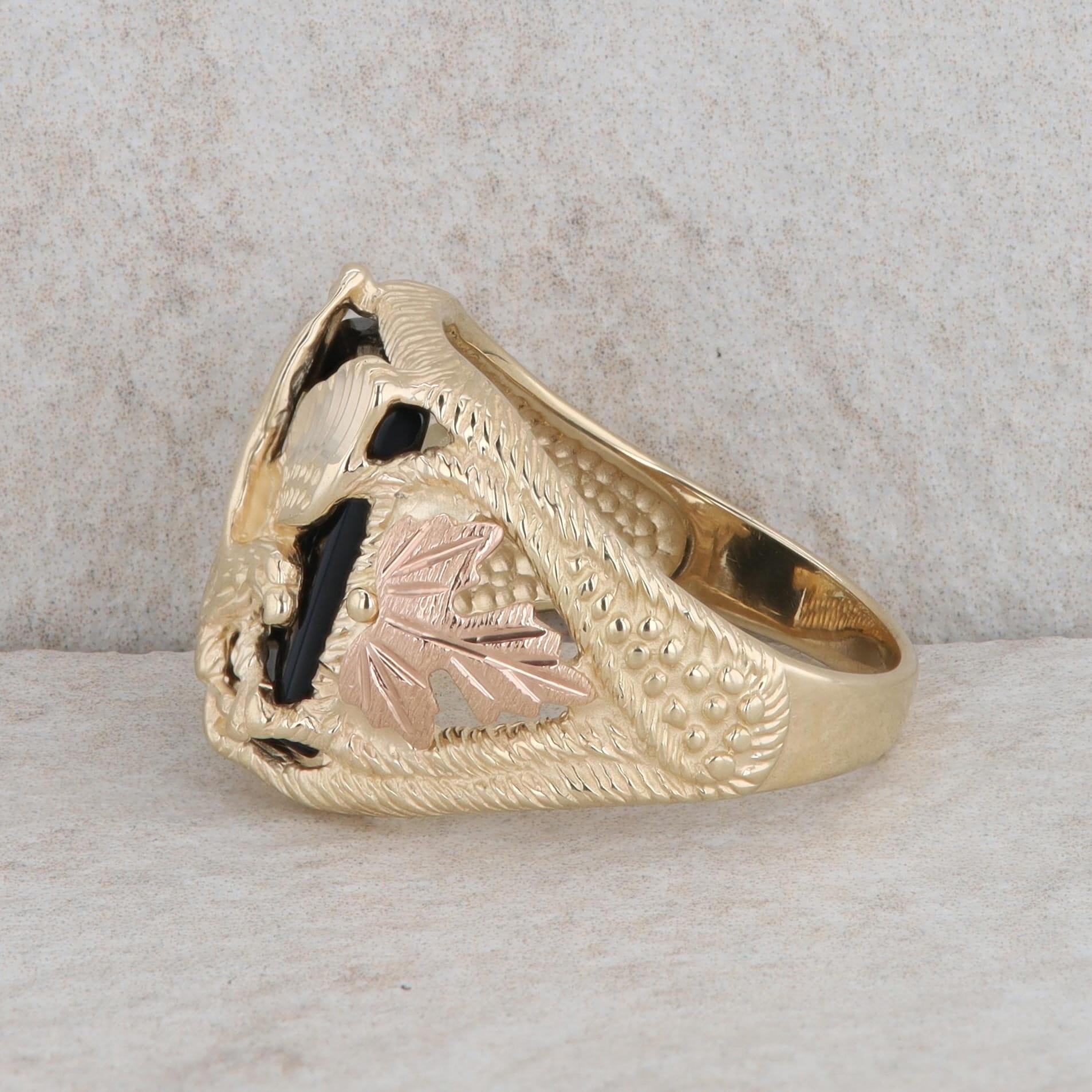 10k Yellow and Rose Gold Bird/Leaf with Onyx Men's Ring