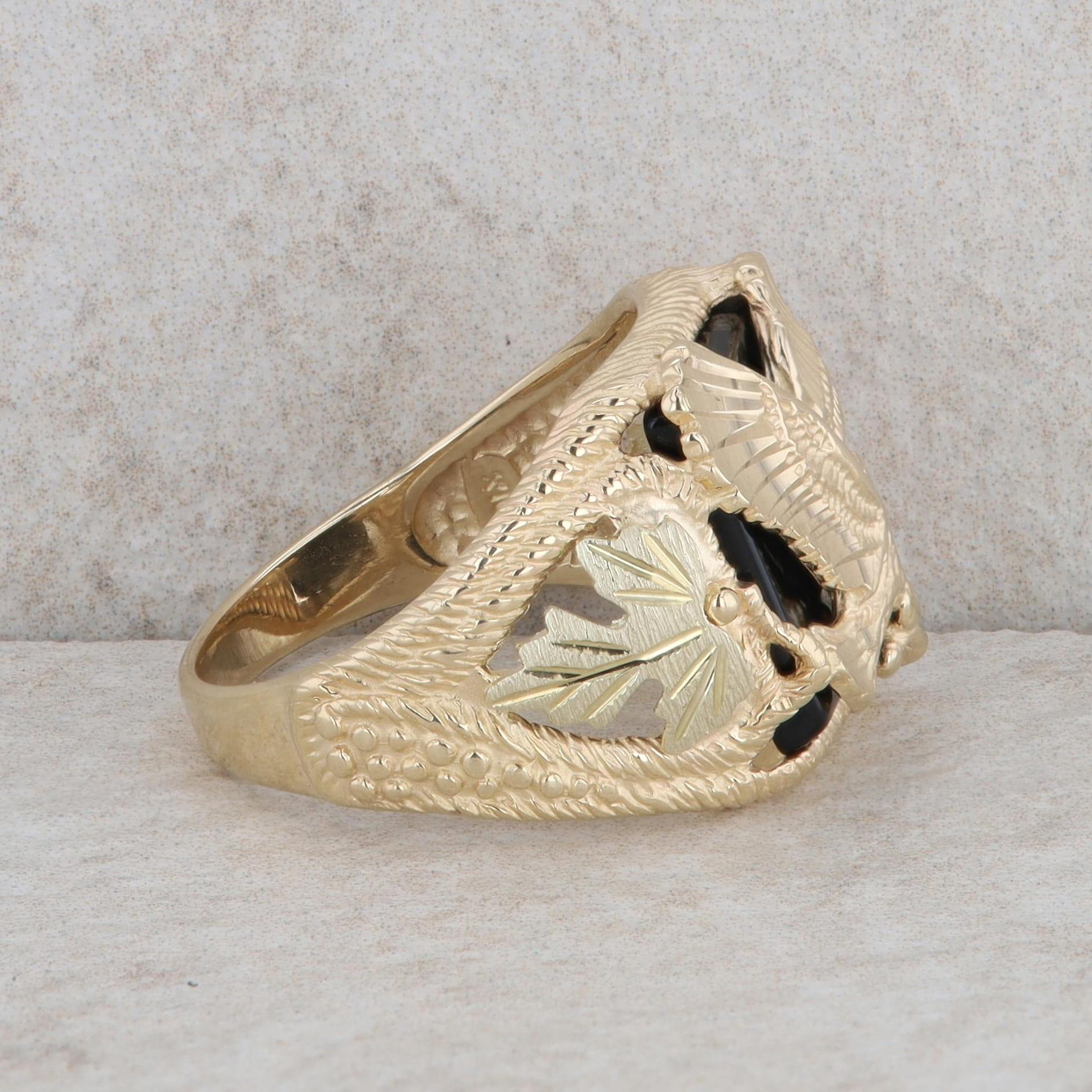 10k Yellow and Rose Gold Bird/Leaf with Onyx Men's Ring