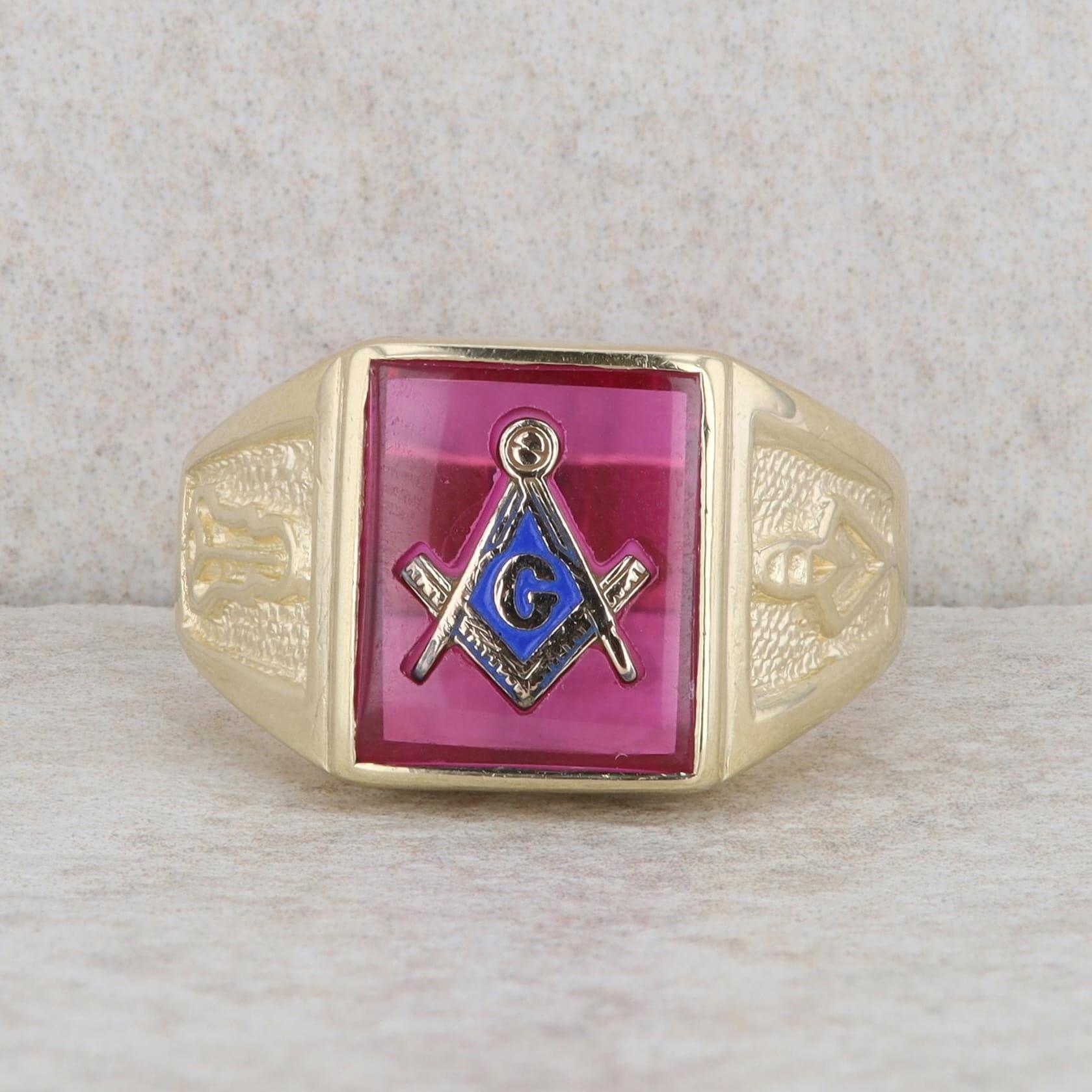 10k Yellow Gold Men's Synthetic Ruby Masonic 3rd Degree Plumb and Trowel Ring