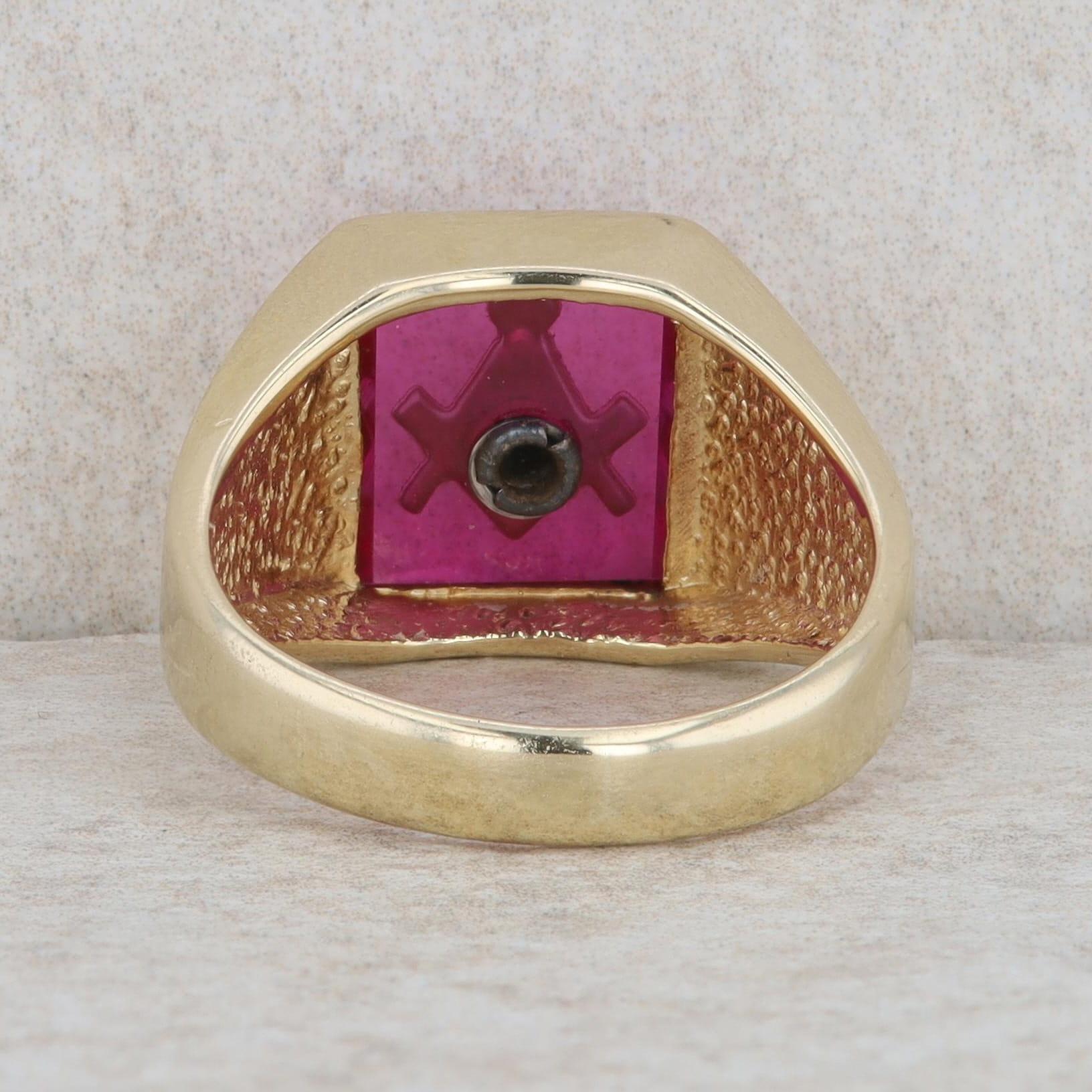 10k Yellow Gold Men's Synthetic Ruby Masonic 3rd Degree Plumb and Trowel Ring