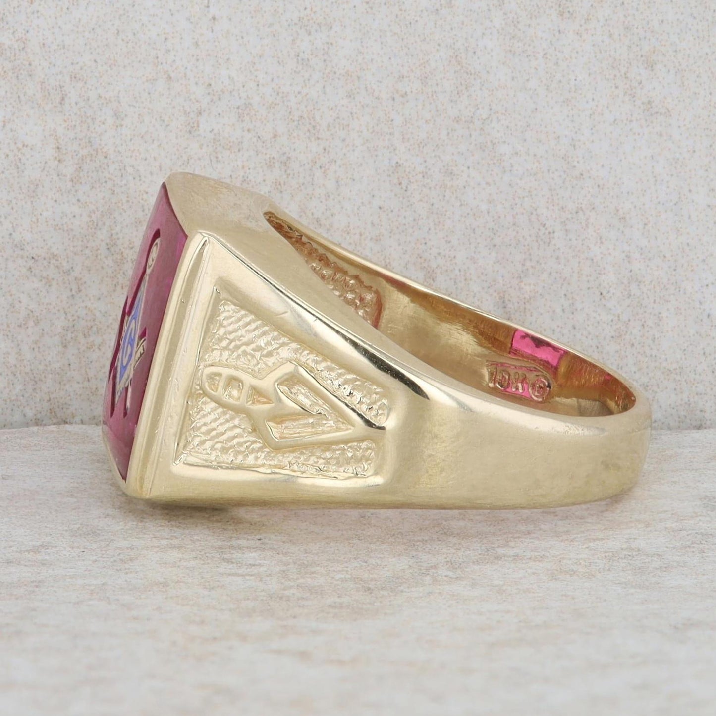 10k Yellow Gold Men's Synthetic Ruby Masonic 3rd Degree Plumb and Trowel Ring