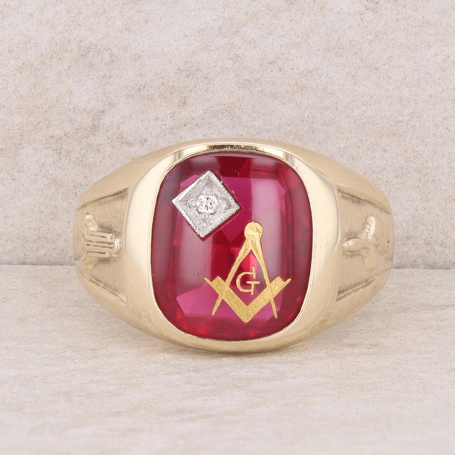 10k Yellow Gold Men's Masonic and Diamond Synthetic Ruby Ring