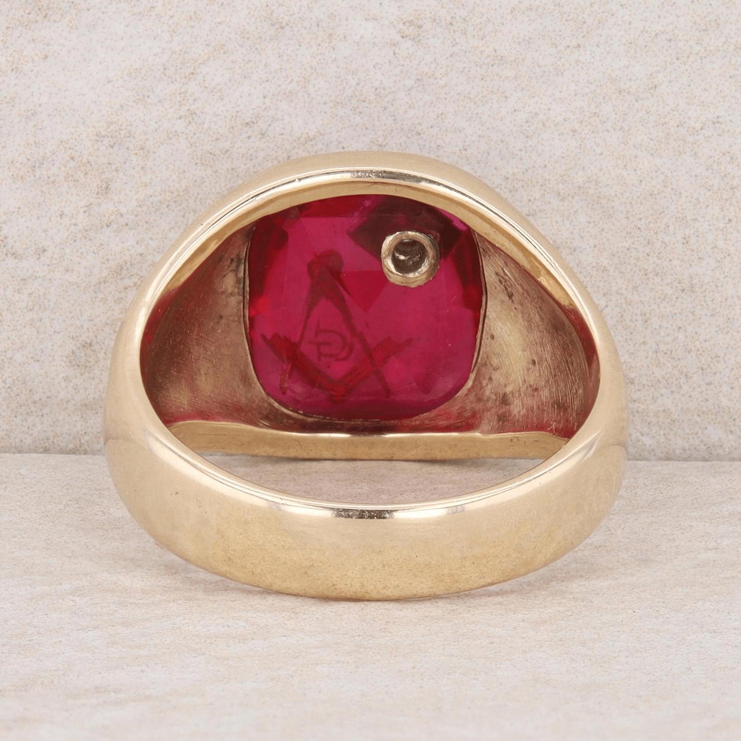 10k Yellow Gold Men's Masonic and Diamond Synthetic Ruby Ring