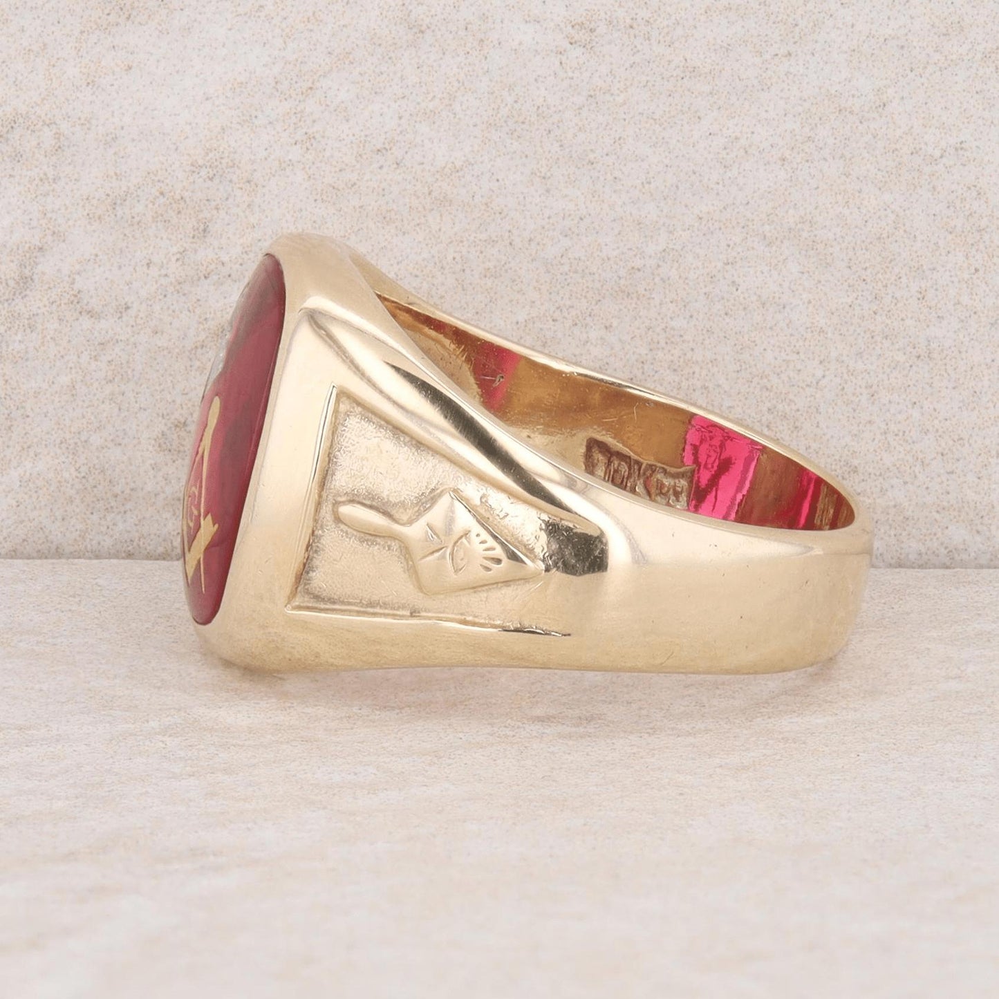 10k Yellow Gold Men's Masonic and Diamond Synthetic Ruby Ring