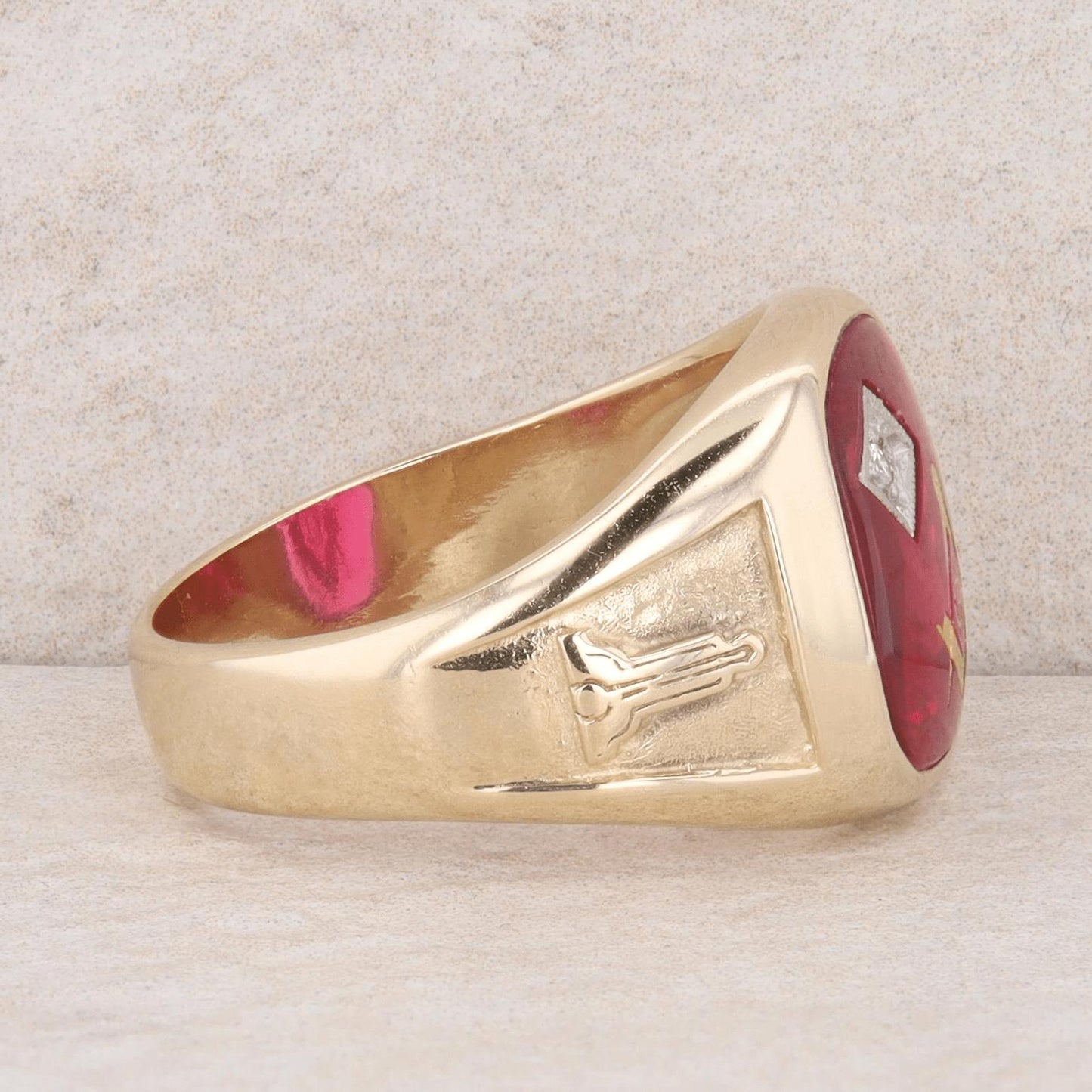 10k Yellow Gold Men's Masonic and Diamond Synthetic Ruby Ring