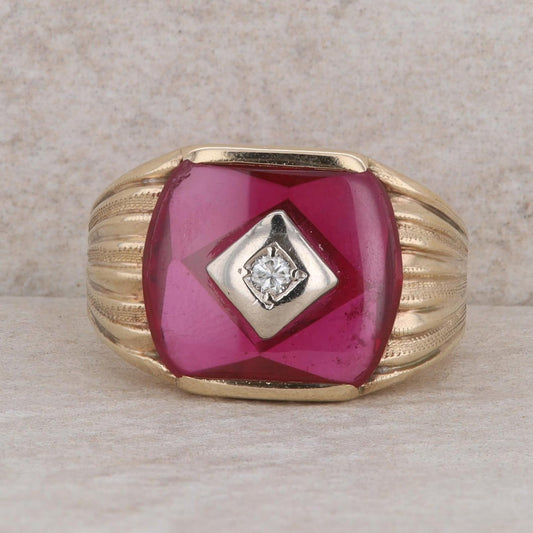 10k Yellow Gold  Buff Top Synthetic Ruby & Diamond Textured Men's Ring