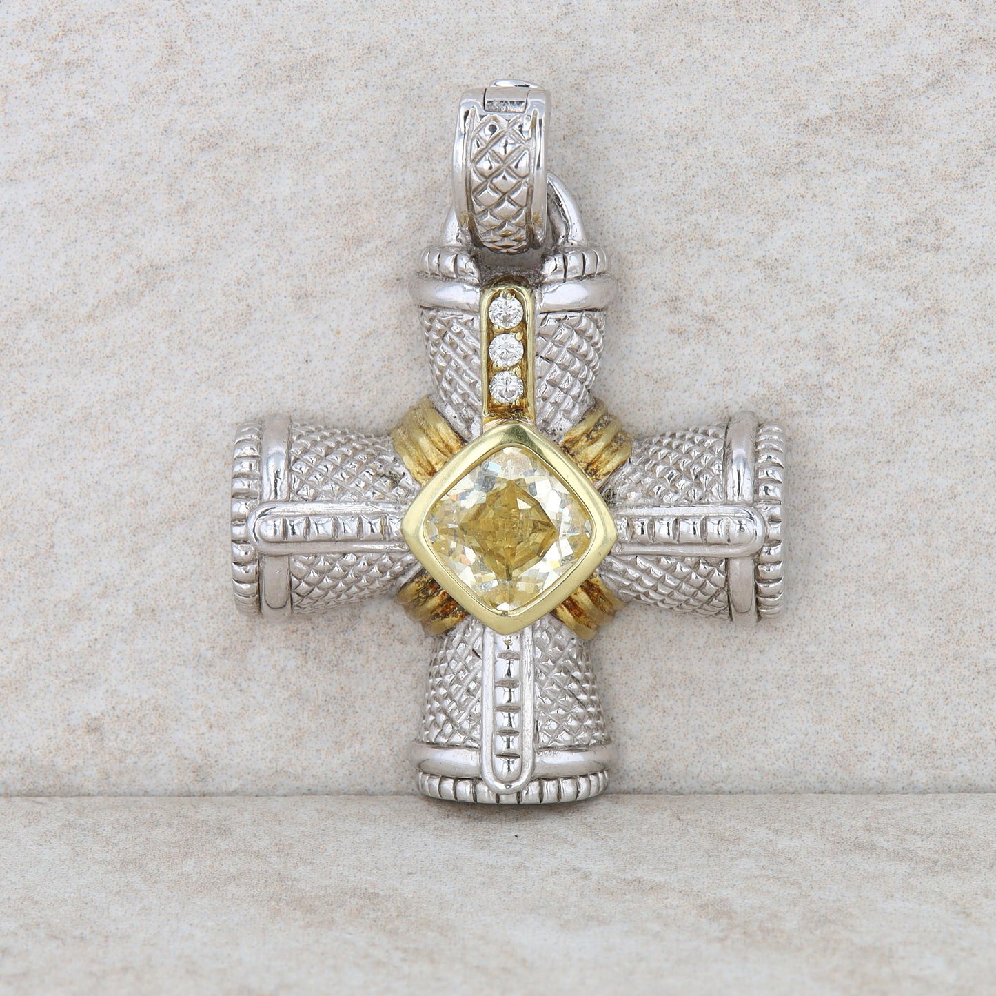 18k Yellow Gold and Sterling Silver Cubic Zirconia Cross Style Pendant