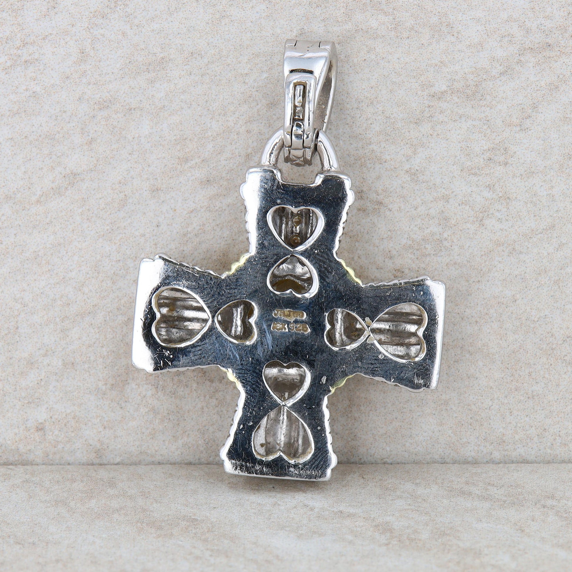 18k Yellow Gold and Sterling Silver Cubic Zirconia Cross Style Pendant