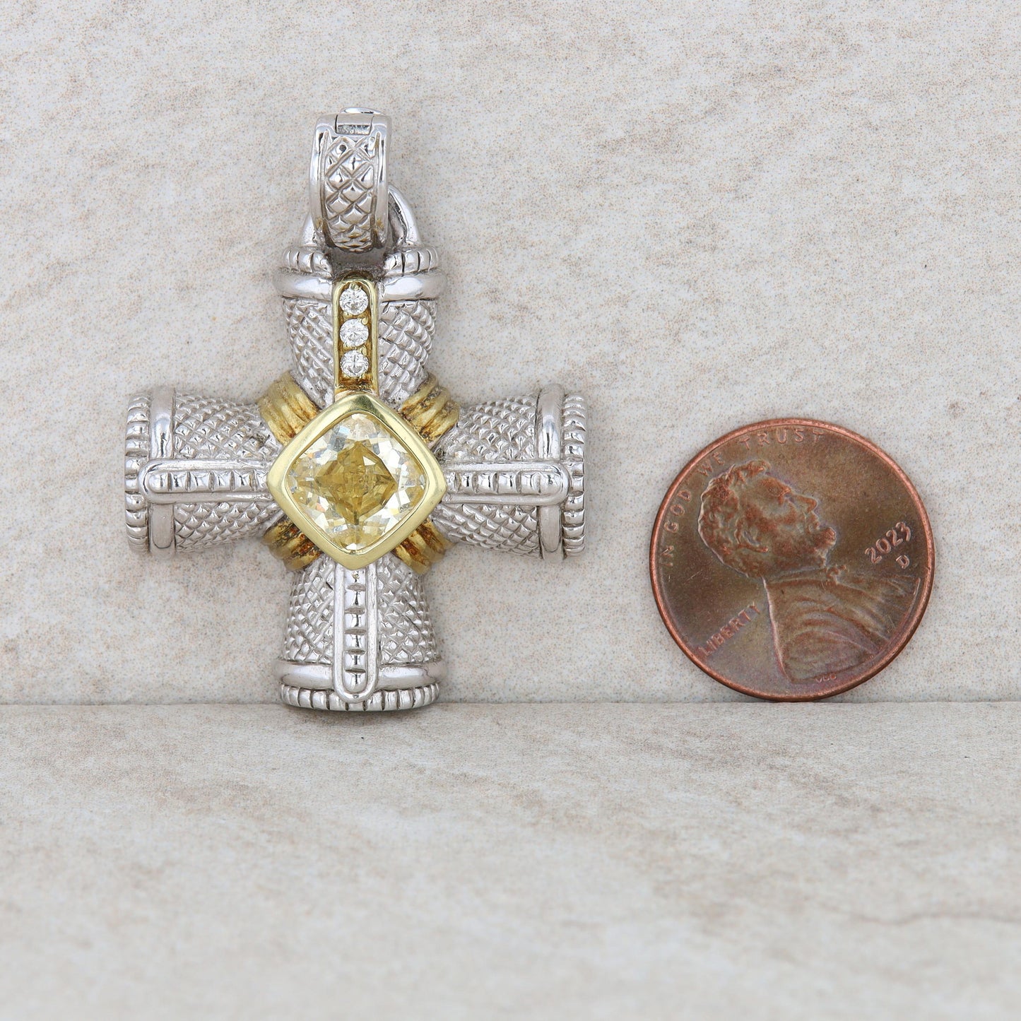 18k Yellow Gold and Sterling Silver Cubic Zirconia Cross Style Pendant