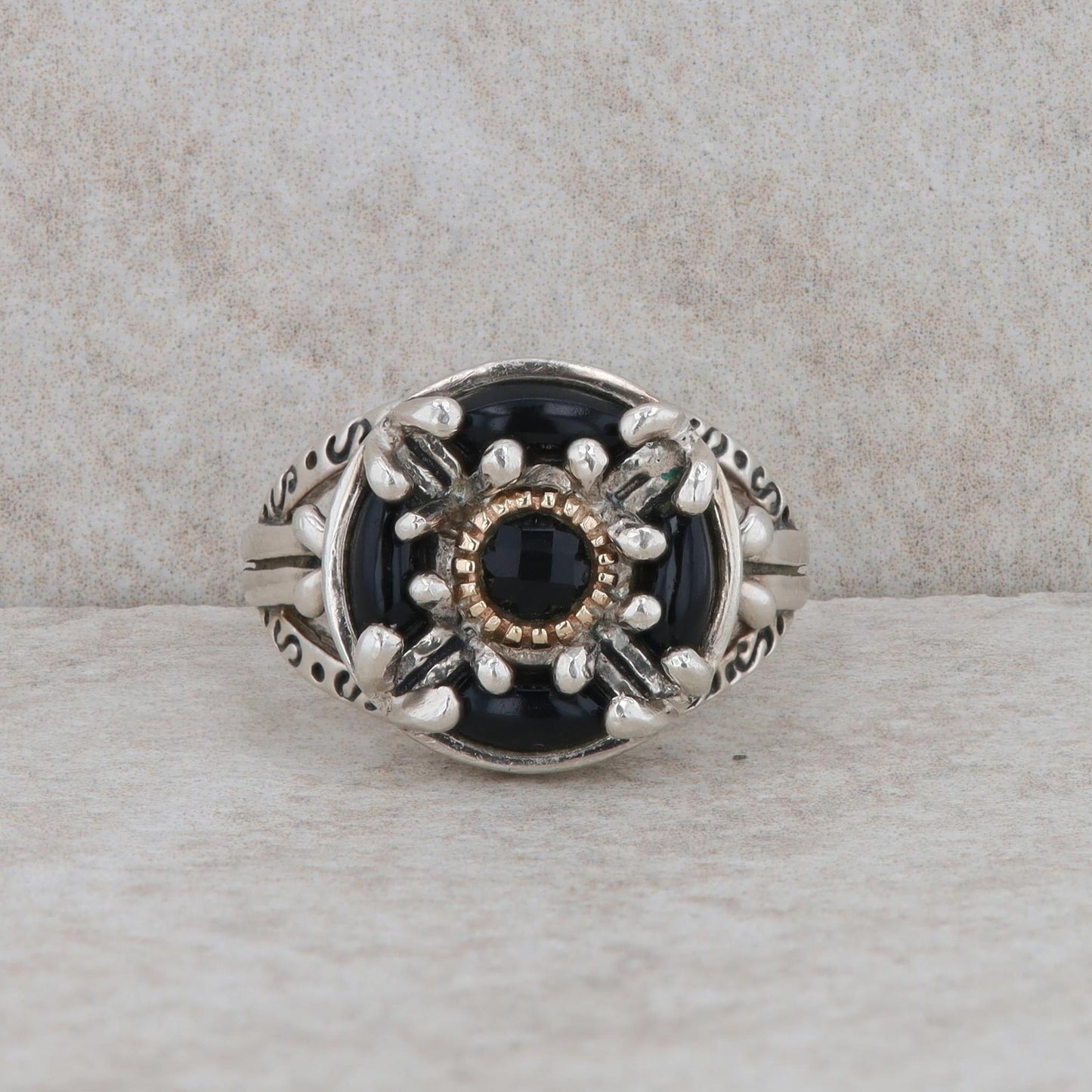 14k Yellow Gold and Sterling Silver Onyx Cabochon and Faceted Five Stone Ring