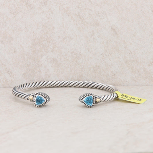 18k Yellow and Sterling Silver Blue Topaz Corded Cable Cuff