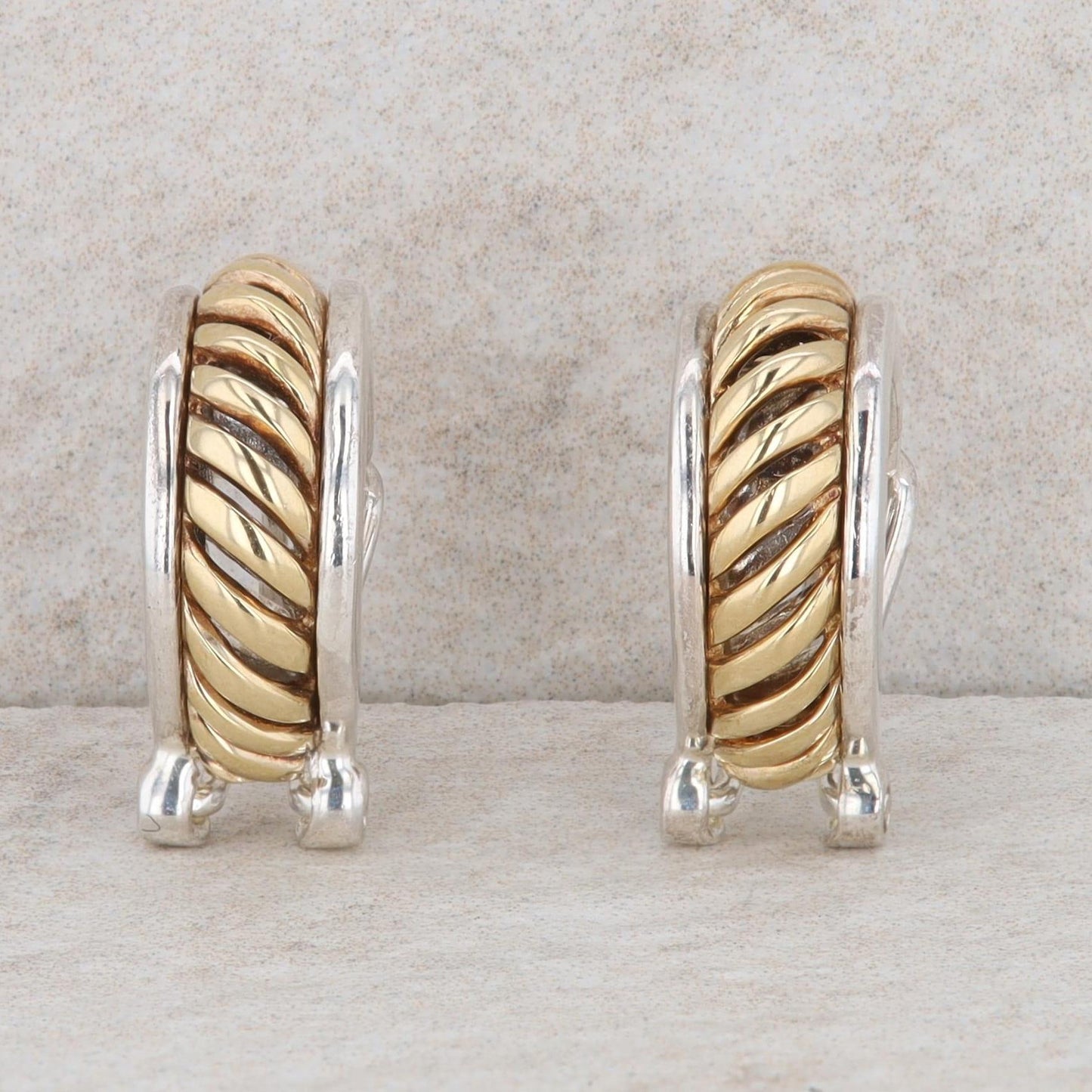 Sterling Silver & 18k Yellow Gold Ribbed Textured Hoop Earrings 7.0g