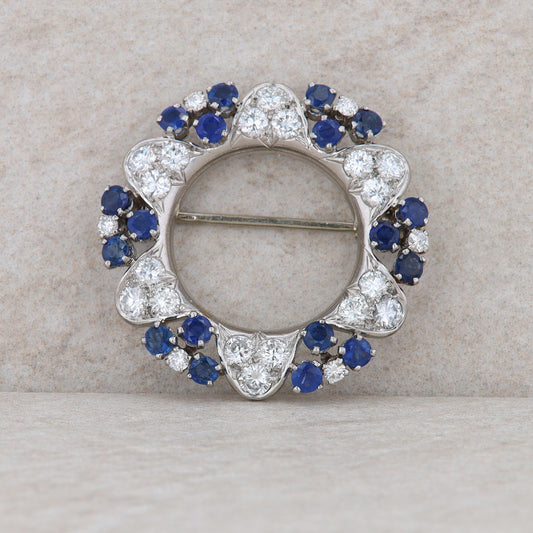 Platinum Sapphire and Diamond Round Brooch/Pin