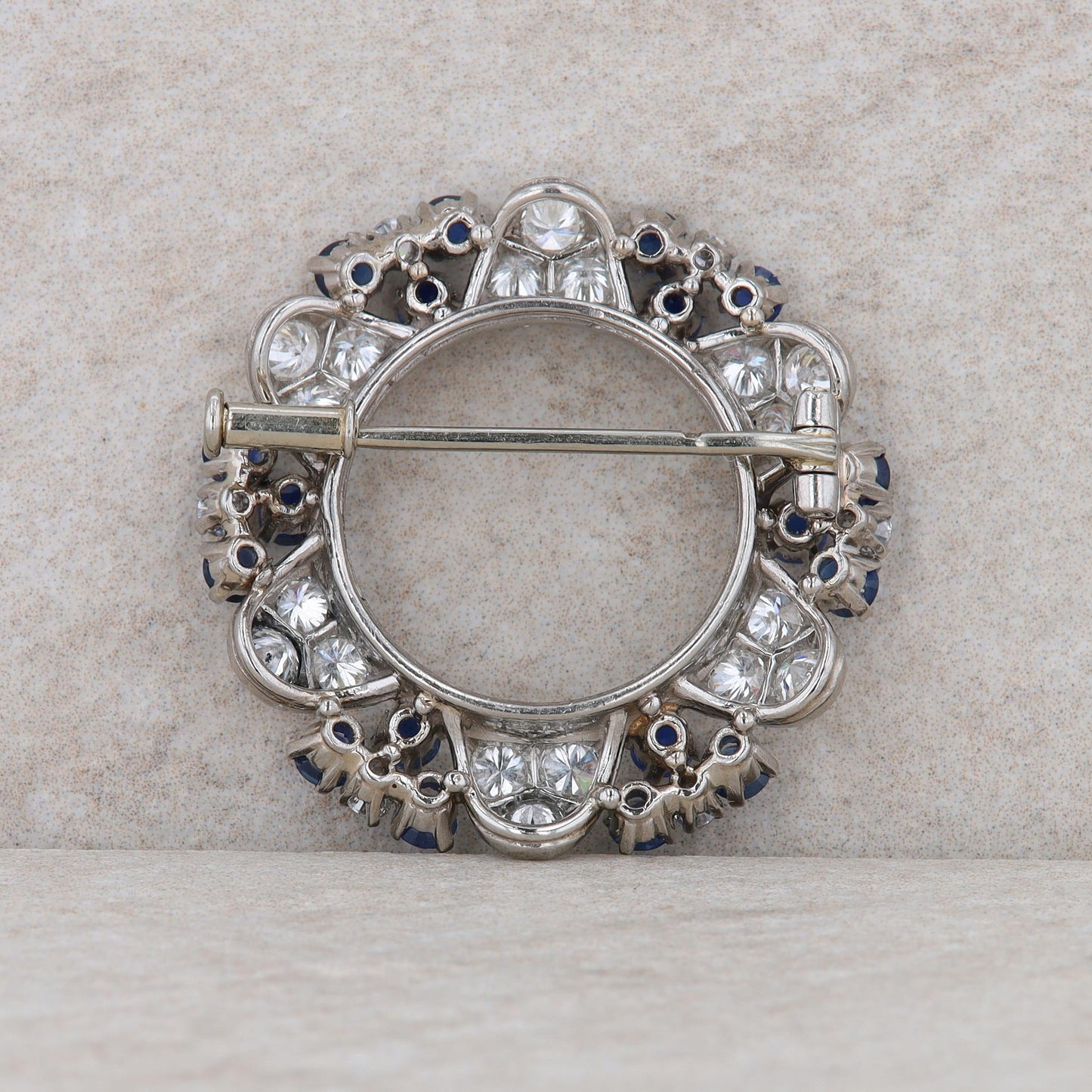 Platinum Sapphire and Diamond Round Brooch/Pin