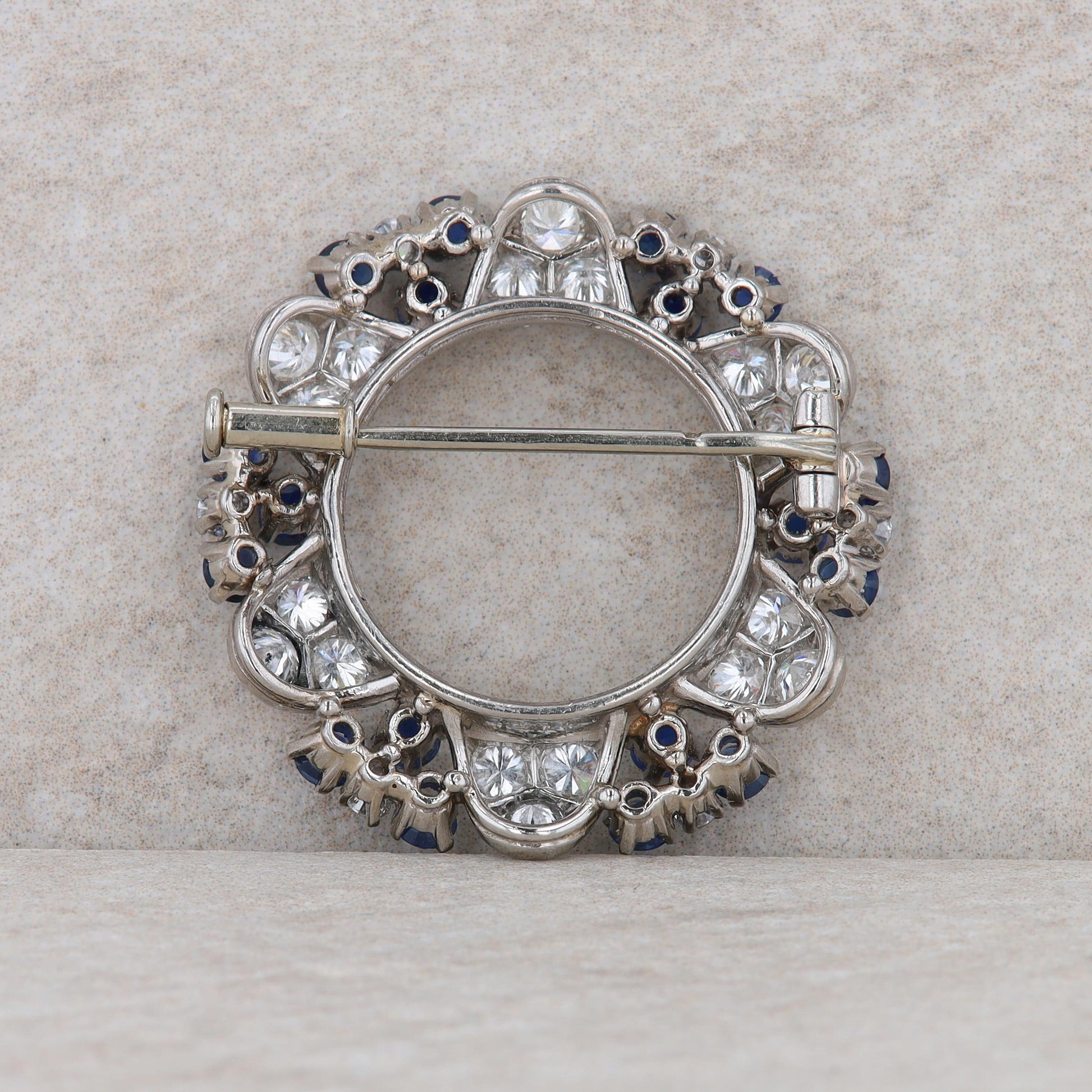 Platinum Sapphire and Diamond Round Brooch/Pin