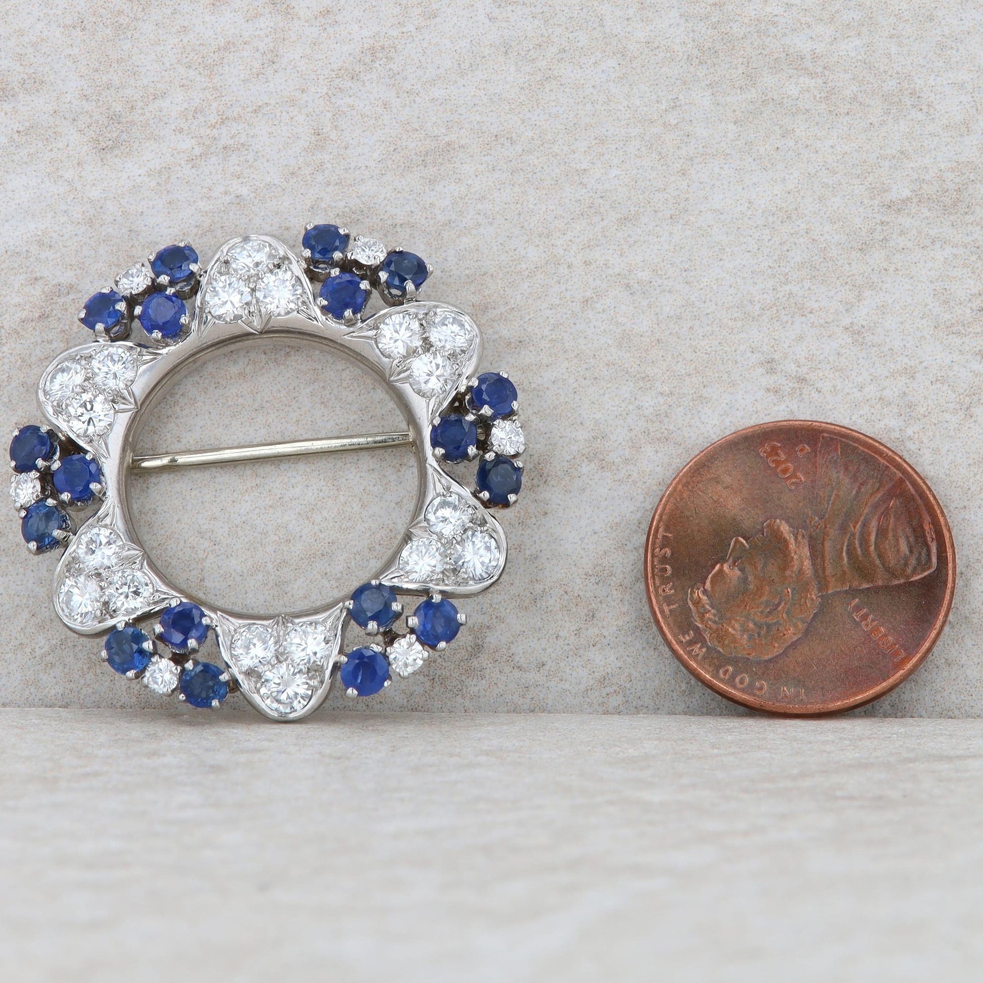 Platinum Sapphire and Diamond Round Brooch/Pin