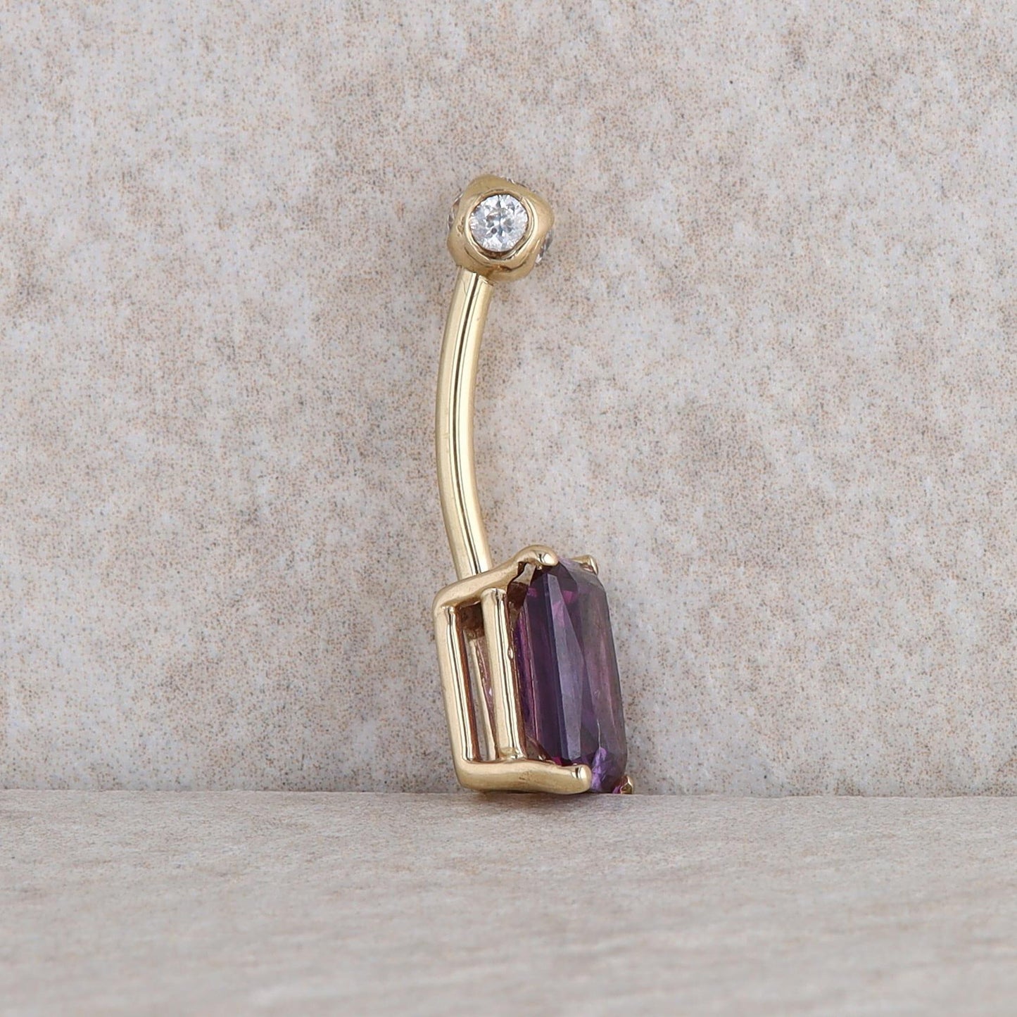 14k Yellow Gold Color Change Synthetic Sapphire and CZ Belly Button Ring