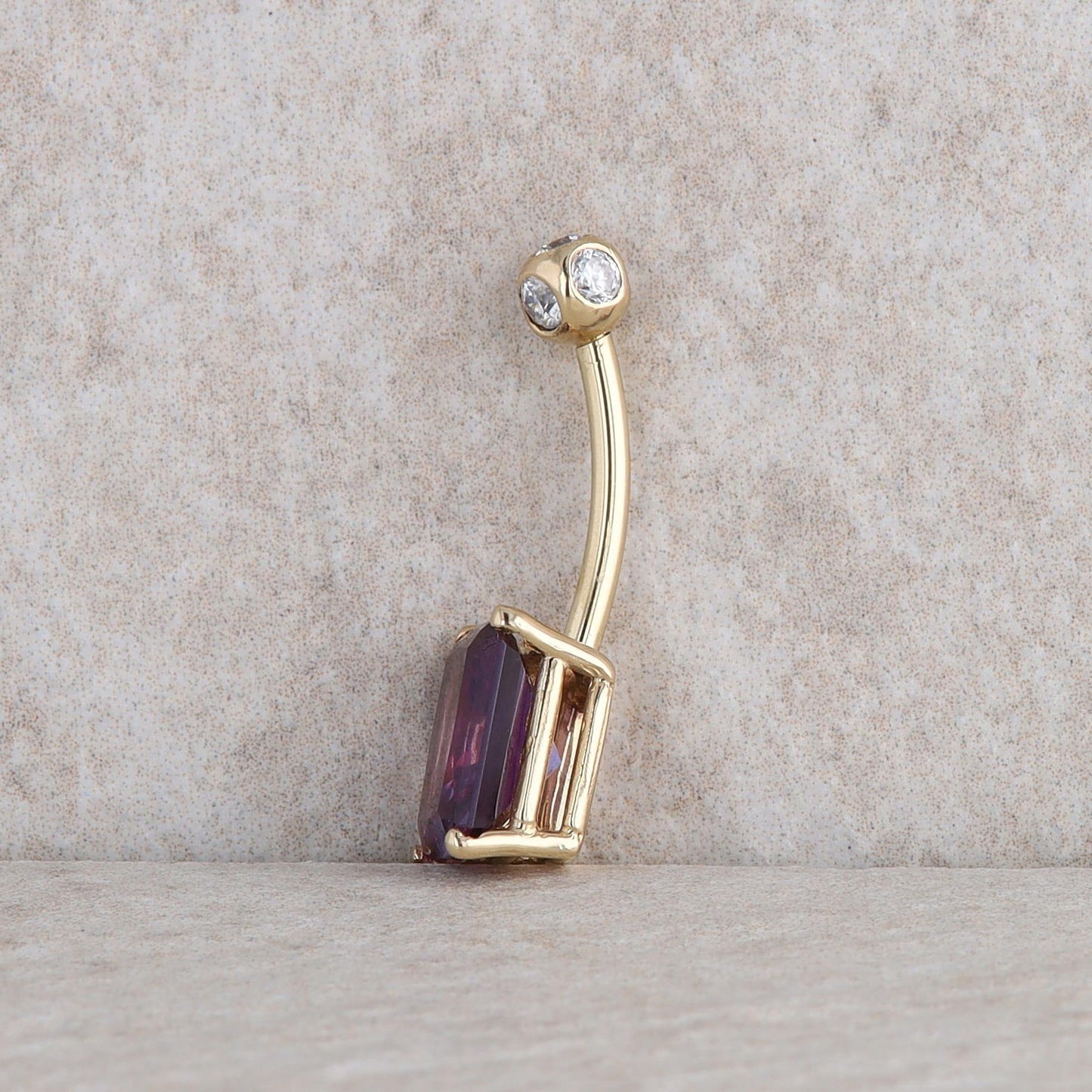 14k Yellow Gold Color Change Synthetic Sapphire and CZ Belly Button Ring