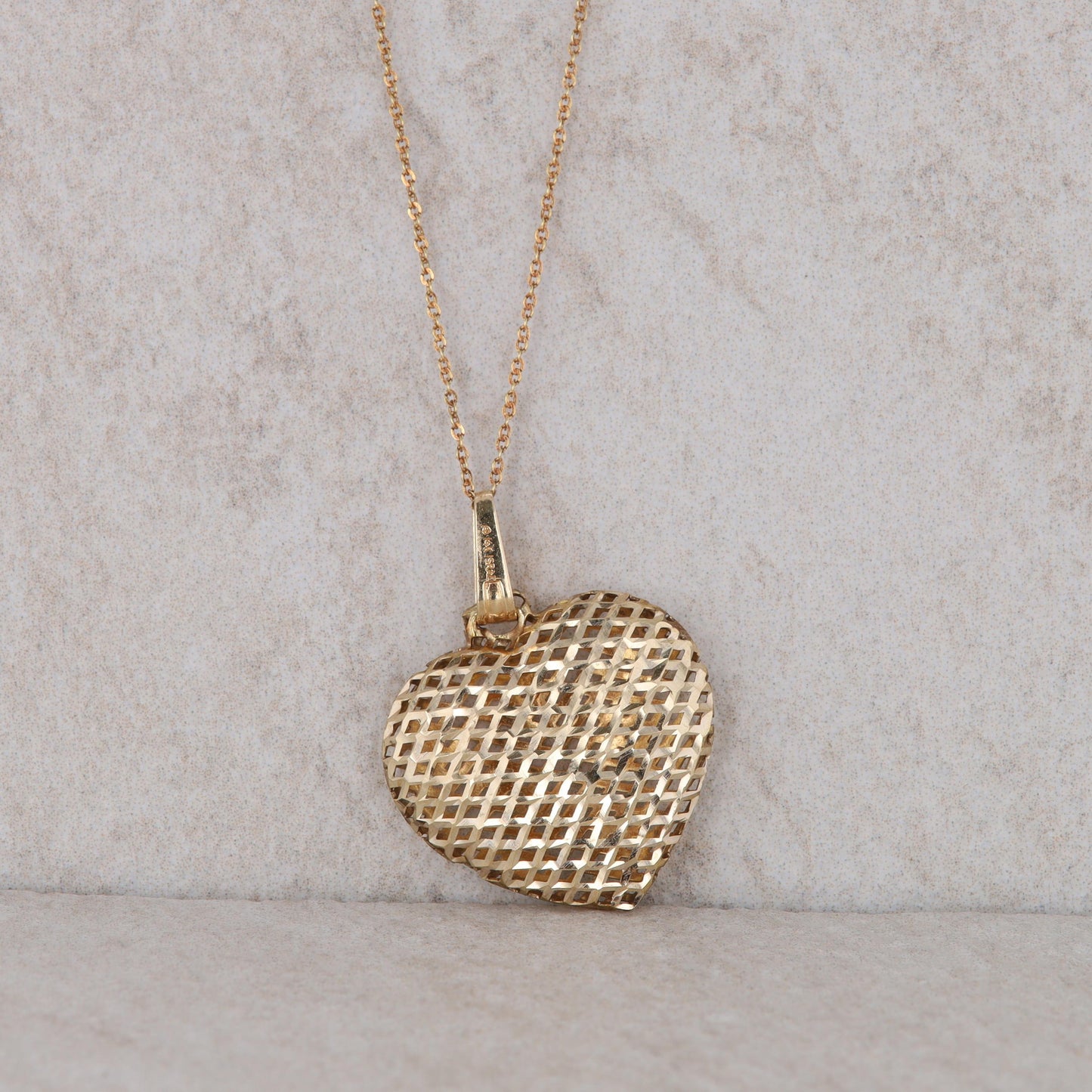 14k Yellow Gold Hollow Textured Heart Necklace 1.9g