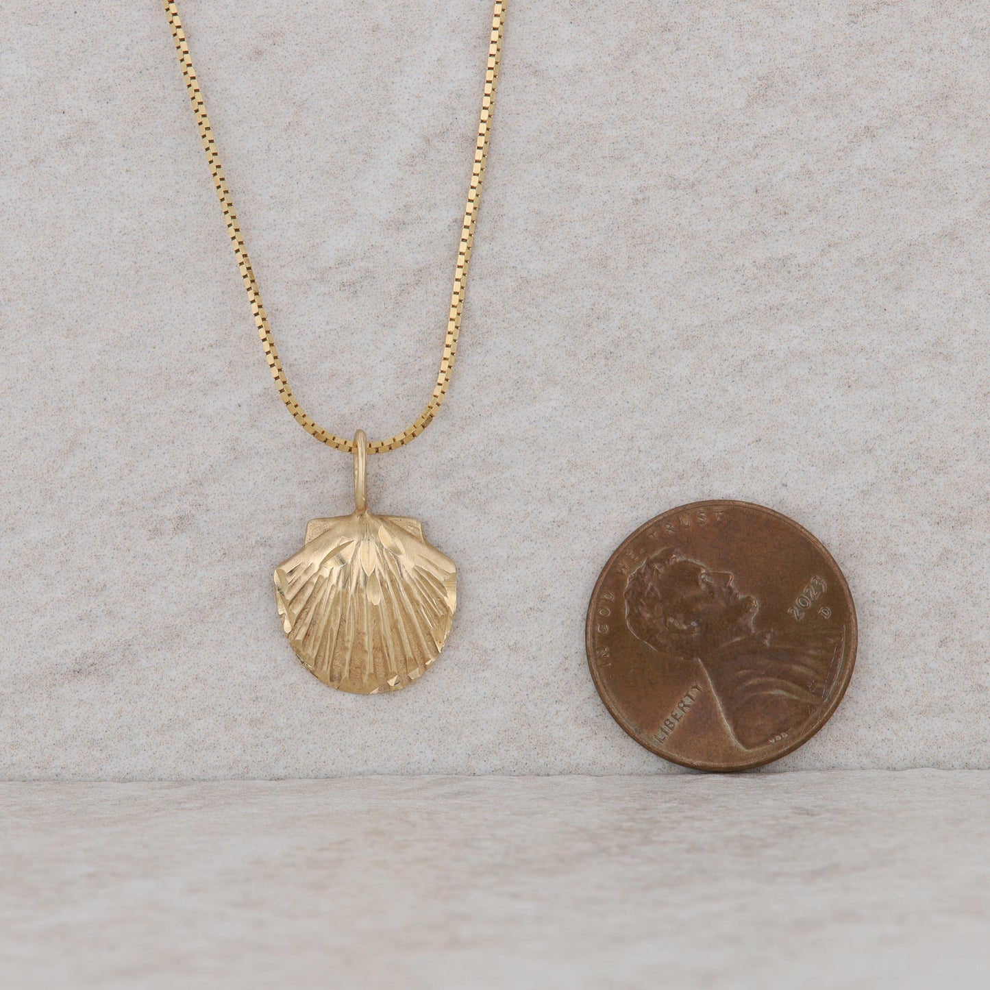 14k Yellow Gold Seashell Pendant with Box Chain Necklace 2.70g