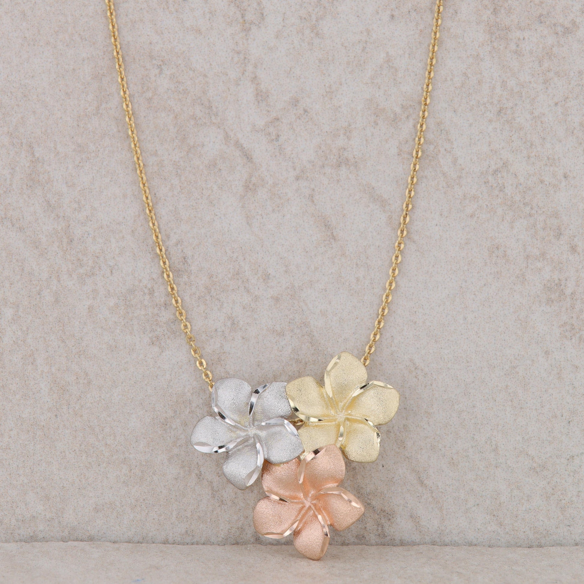 14k Tri Tone Flower Pendant and Chain 14"