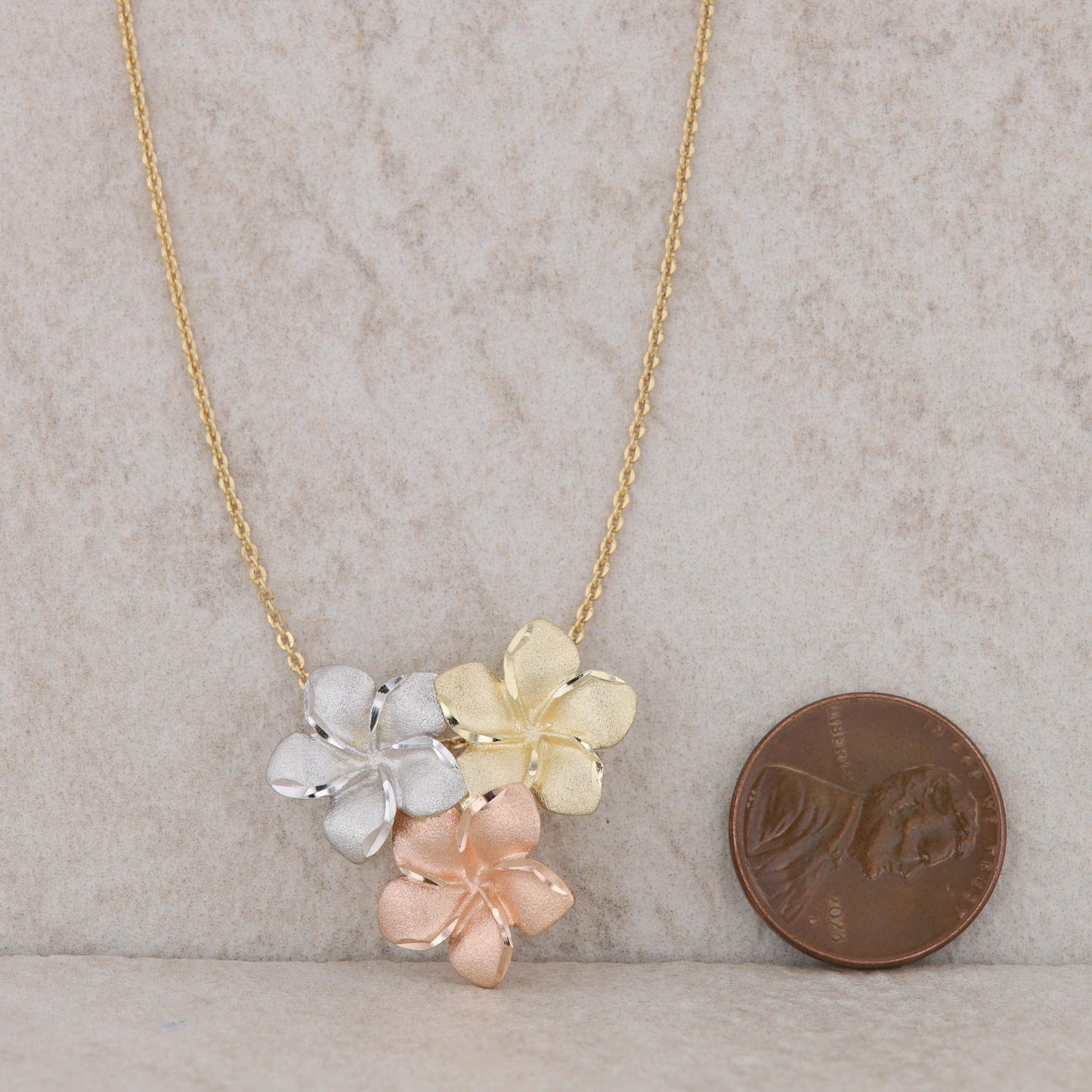 14k Tri Tone Flower Pendant and Chain 14"