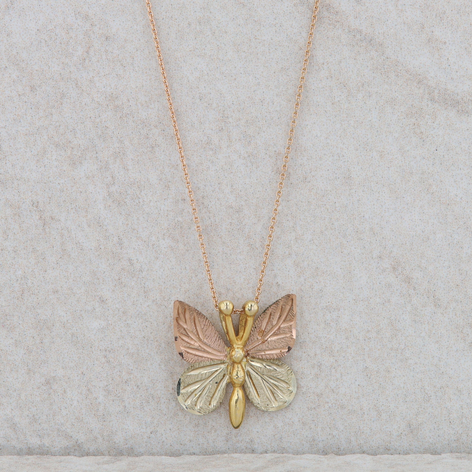 12k+10k Yellow and Rose Gold Butterfly on 14k Rose Necklace 2.00g