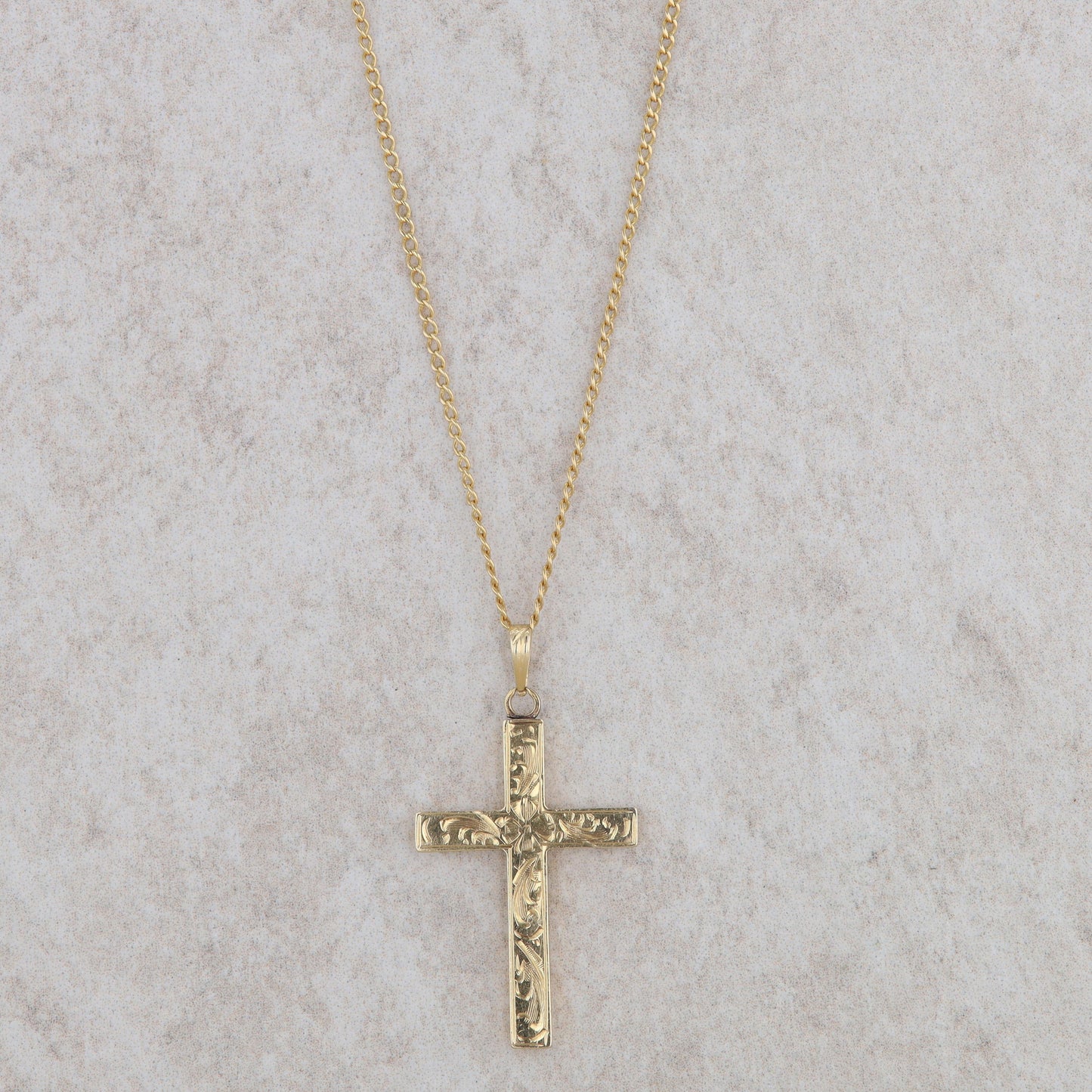 14k Yellow Gold Filigree Cross and Curb Chain Necklace 21"