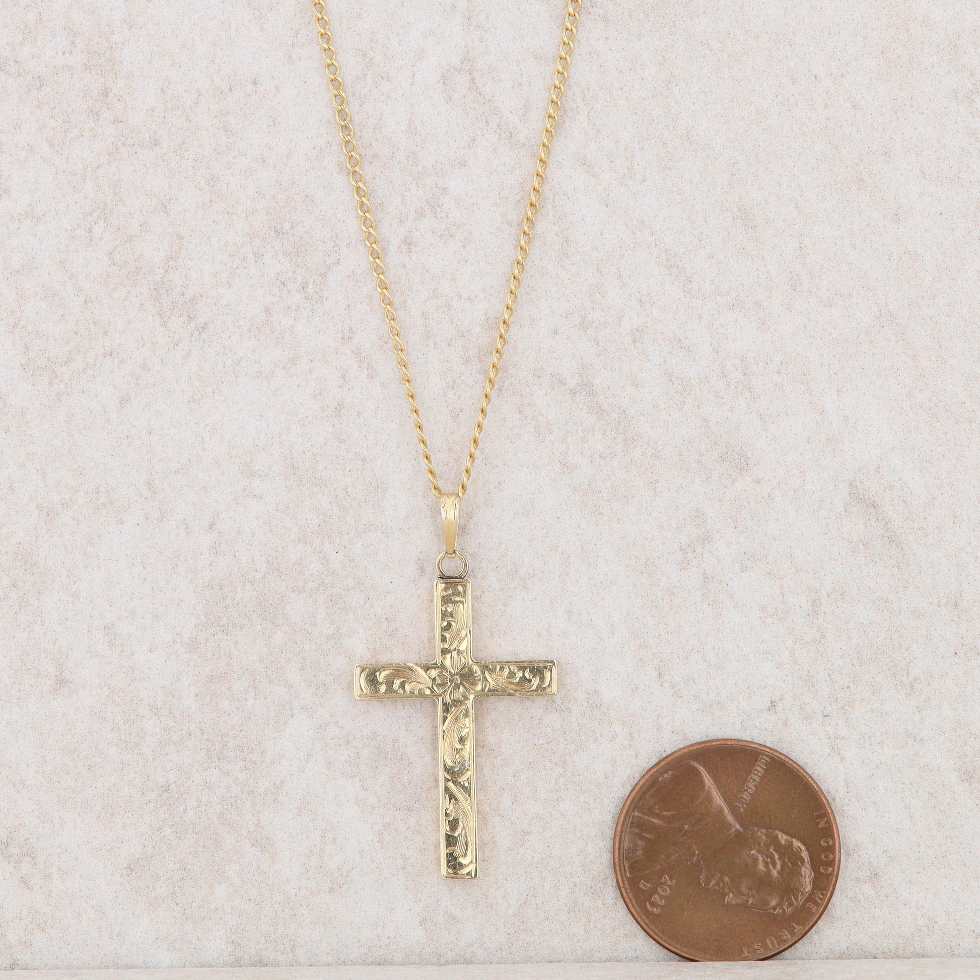 14k Yellow Gold Filigree Cross and Curb Chain Necklace 21"