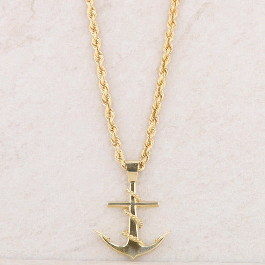 18k Yellow Gold Rope Chain and Anchor Pendant 39.3g