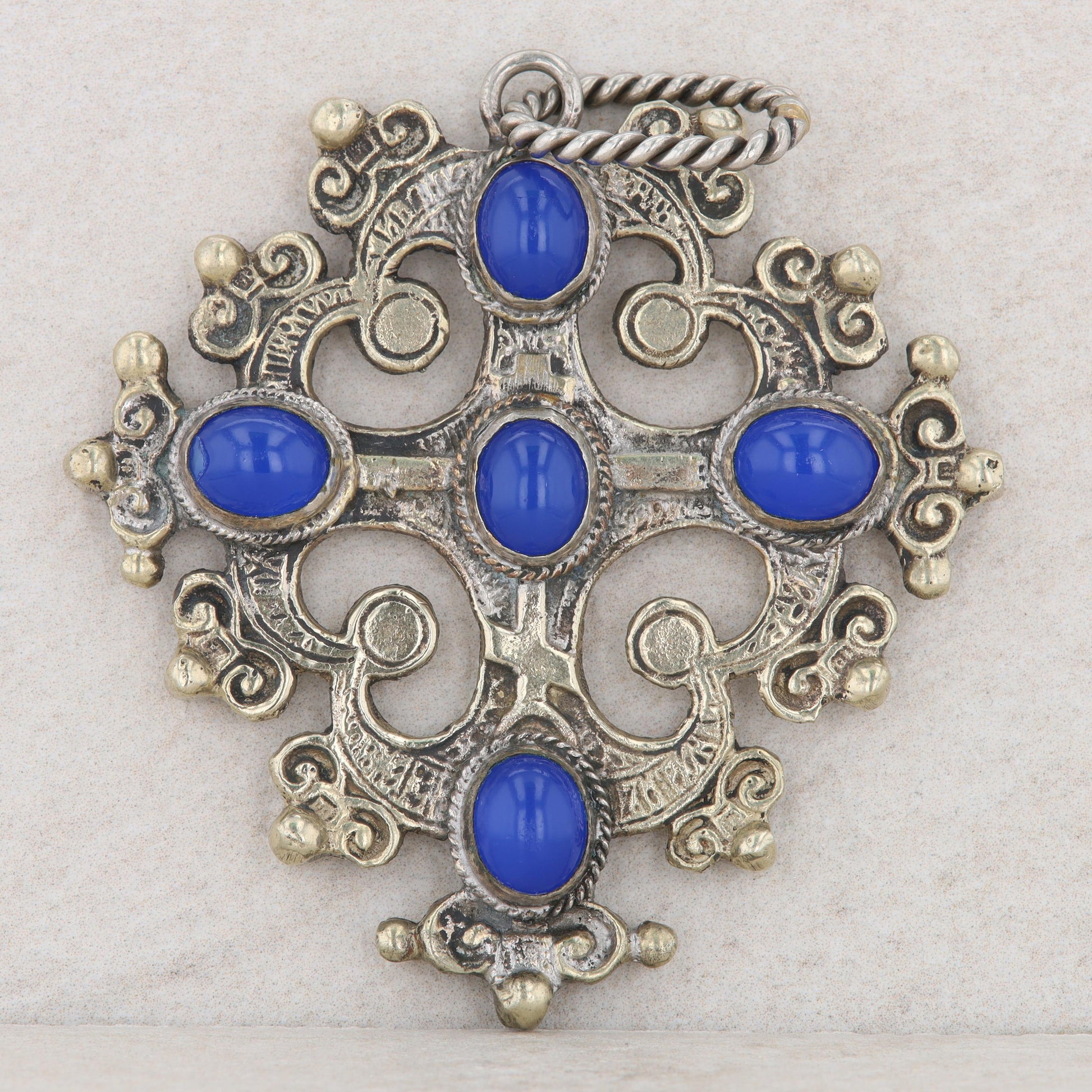 Vintage Style Silver Toned Blue Glass Cross Pendant