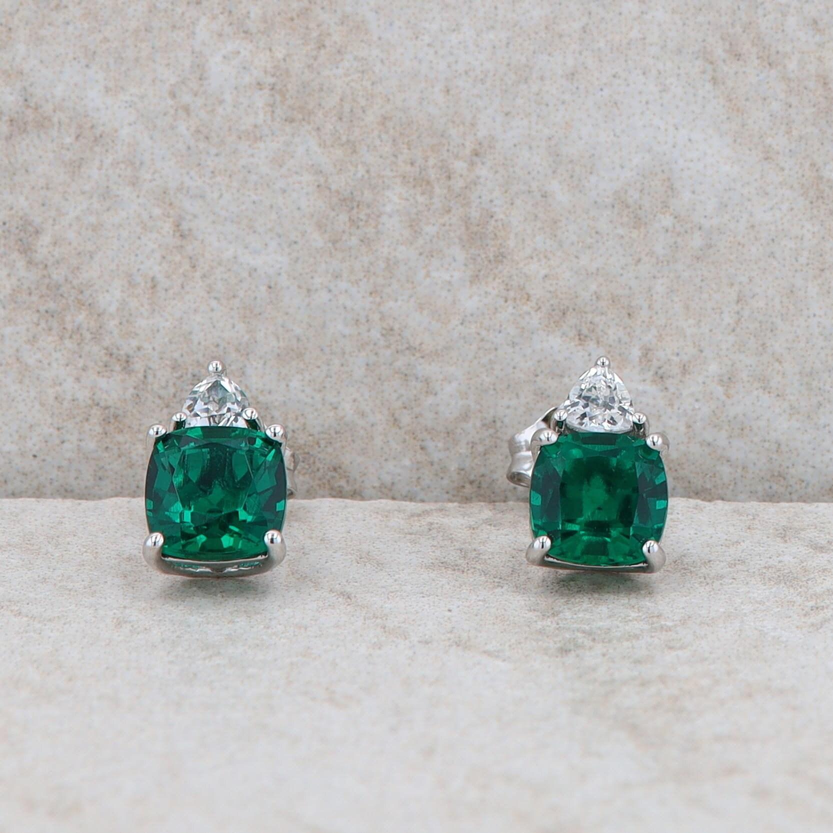 Sterling Silver Synthetic Emerald and Cubic Zirconia Earrings
