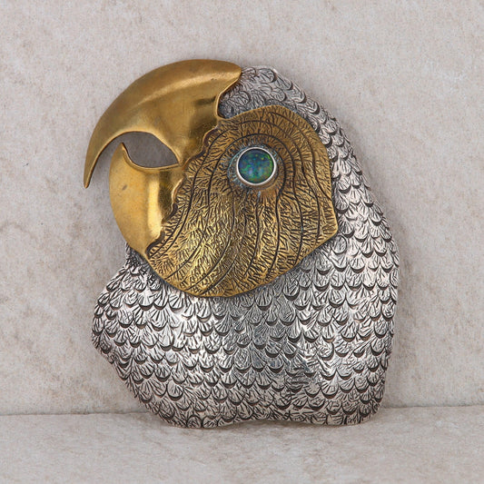 Sterling "Courtney Parrots" Head Brooch w/ Syn. Opal Eye, 23.56g