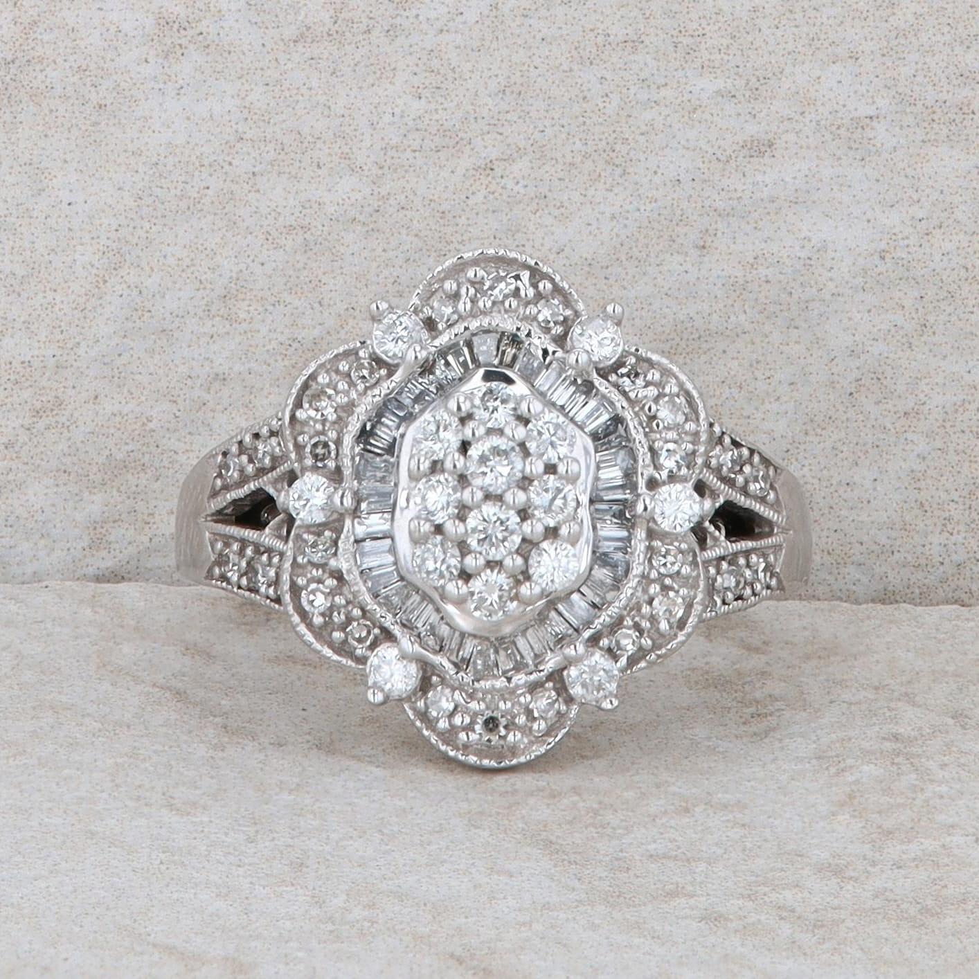 14k White Round and Baguette Cluster Diamond Ring