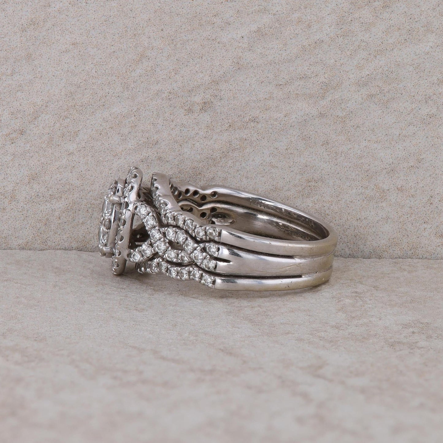 14k White Gold Cluster Oval Twist Wedding Engagement Ring Set