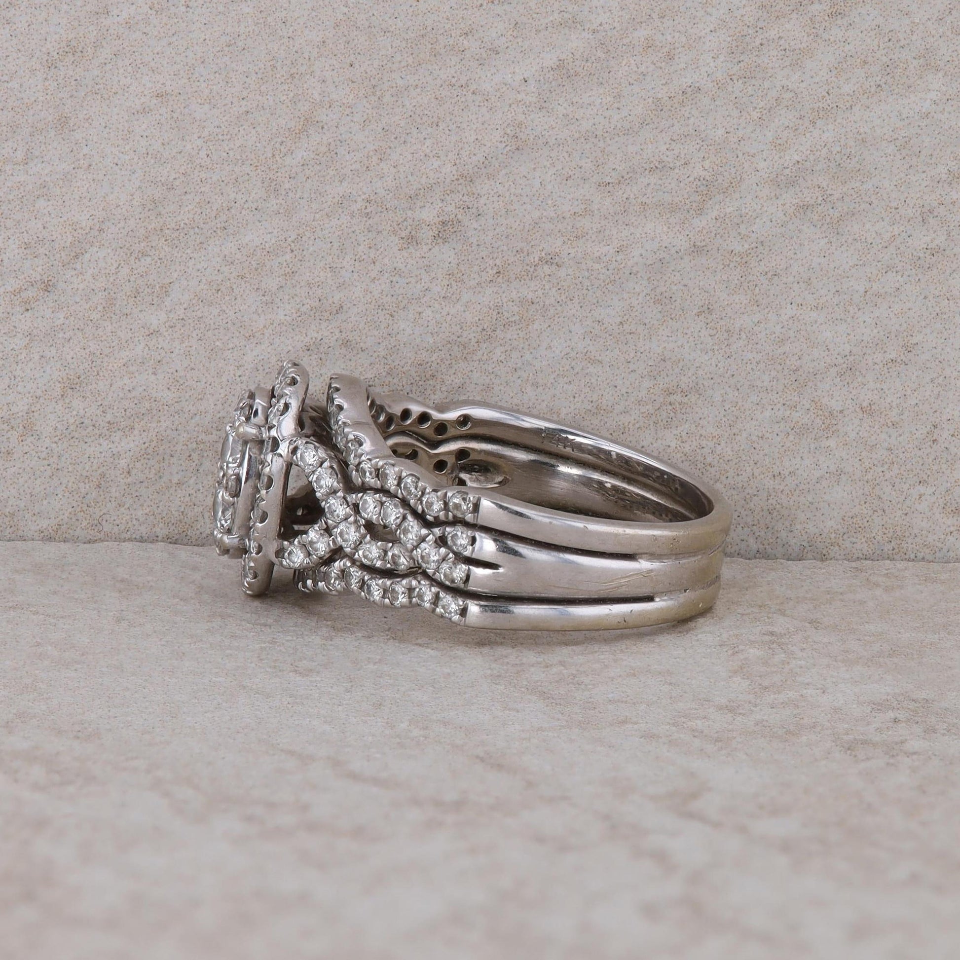 14k White Gold Cluster Oval Twist Wedding Engagement Ring Set