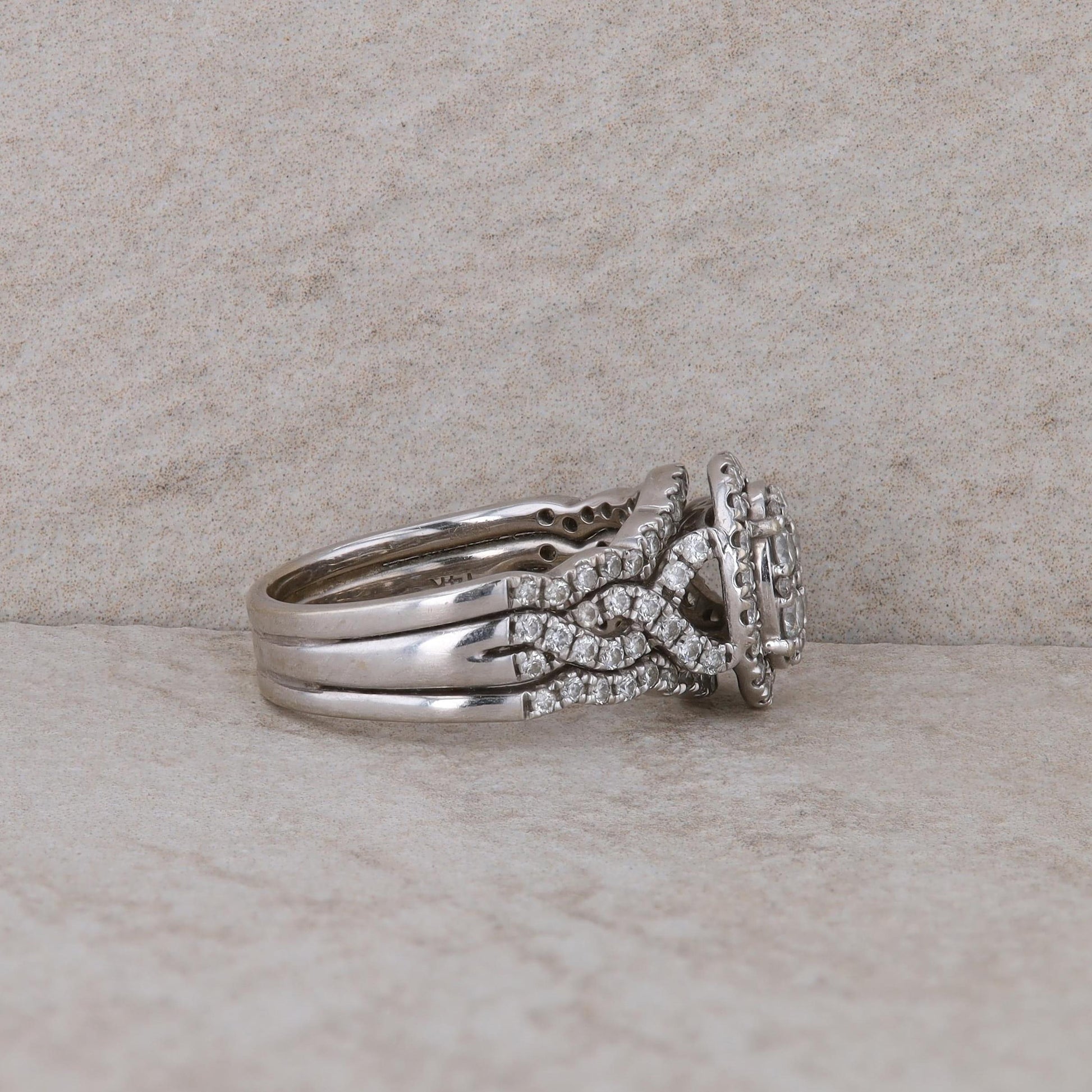 14k White Gold Cluster Oval Twist Wedding Engagement Ring Set