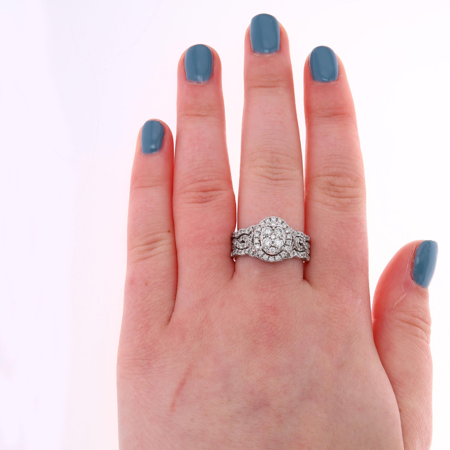 14k White Gold Cluster Oval Twist Wedding Engagement Ring Set