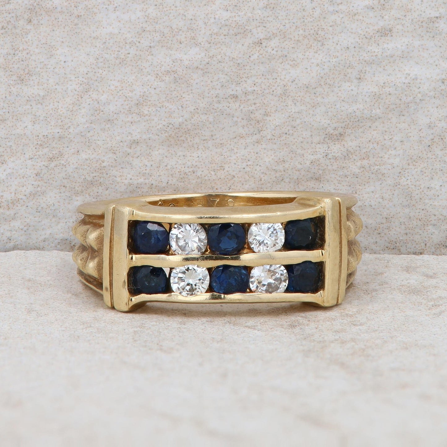 14k Yellow Gold Sapphire and Diamond Beaded Ring